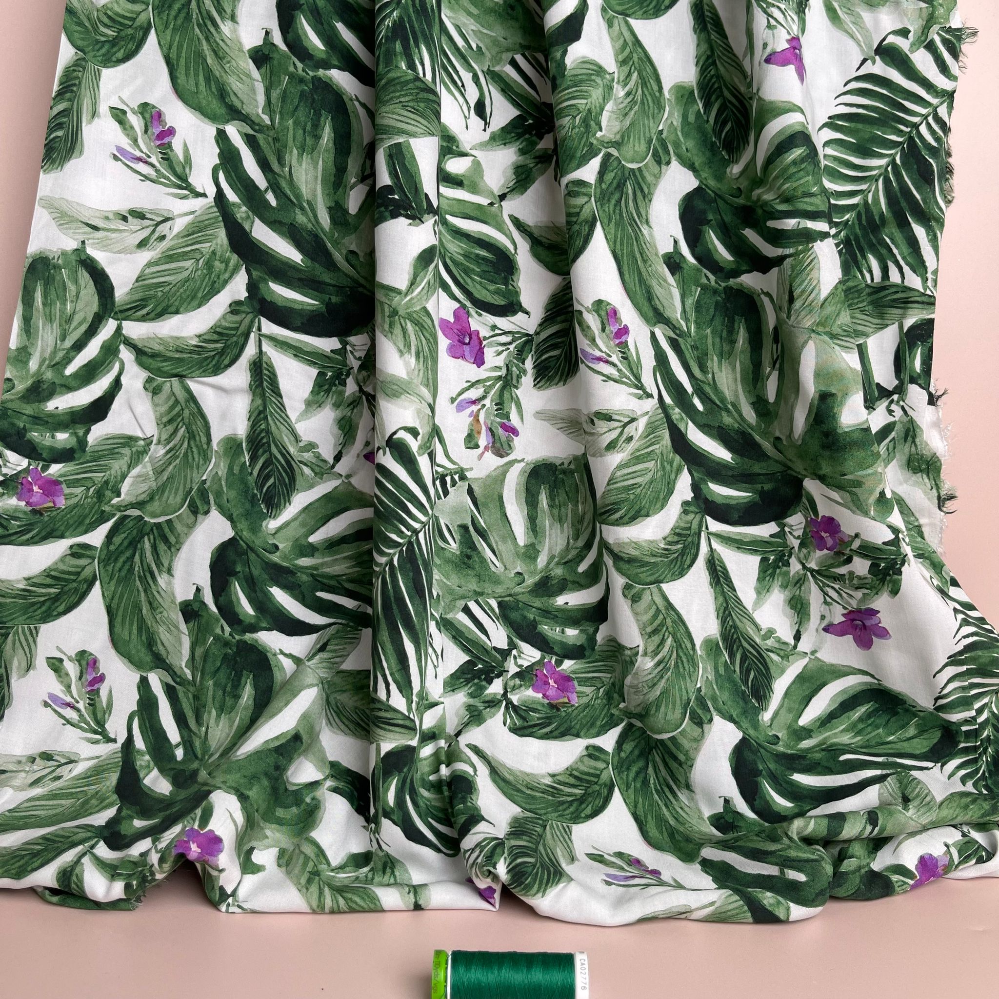 Tropical Plants on White Viscose Fabric