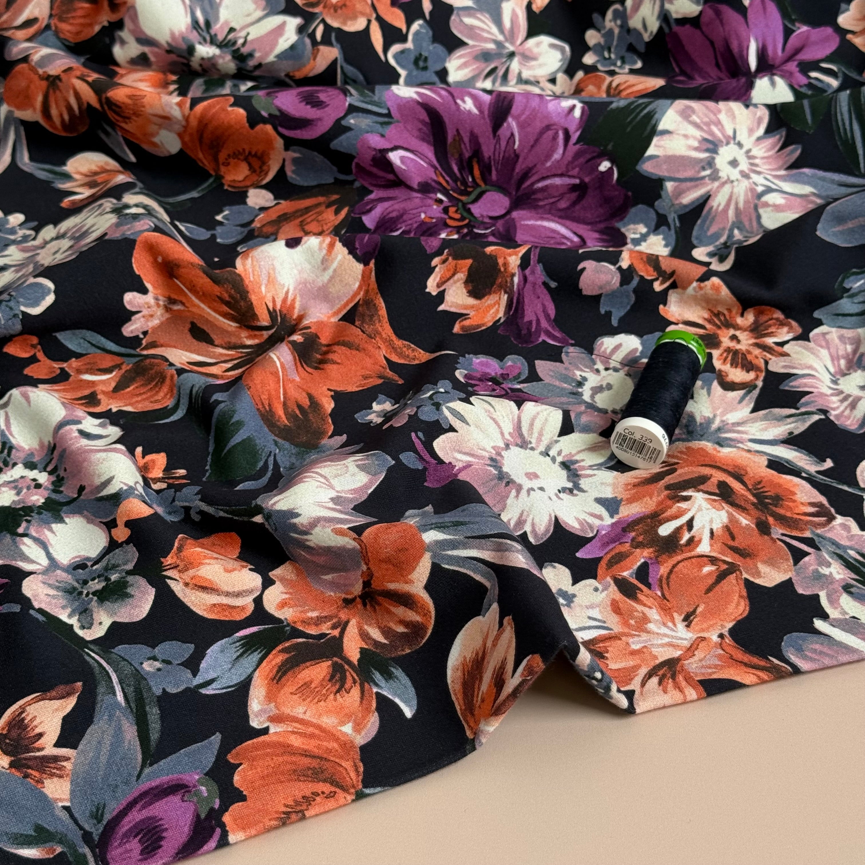 Painted Florals Dark Navy Cotton French Terry Fabric