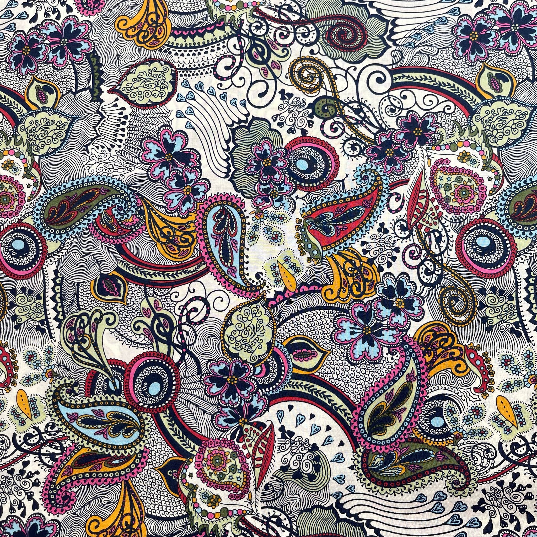 Summer Paisley on White Cotton Lawn Fabric