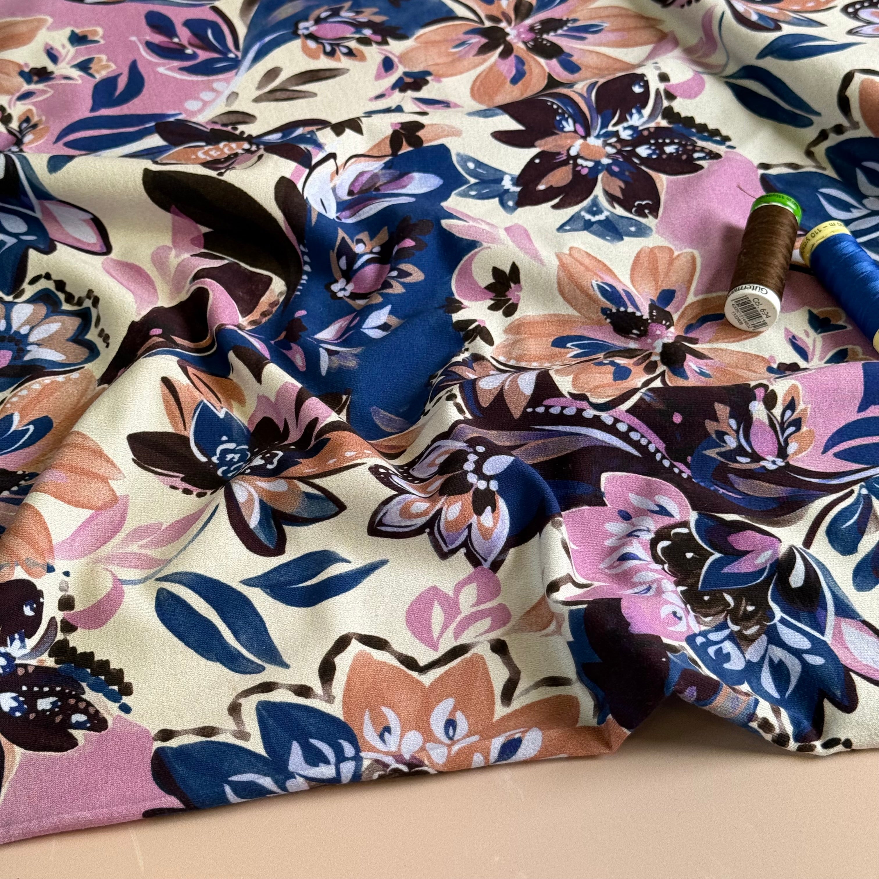 Painted Neutral Flowers Cotton French Terry