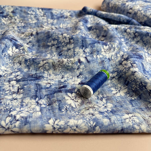 Hazy Flowers on Blue Linen Viscose Blend Fabric