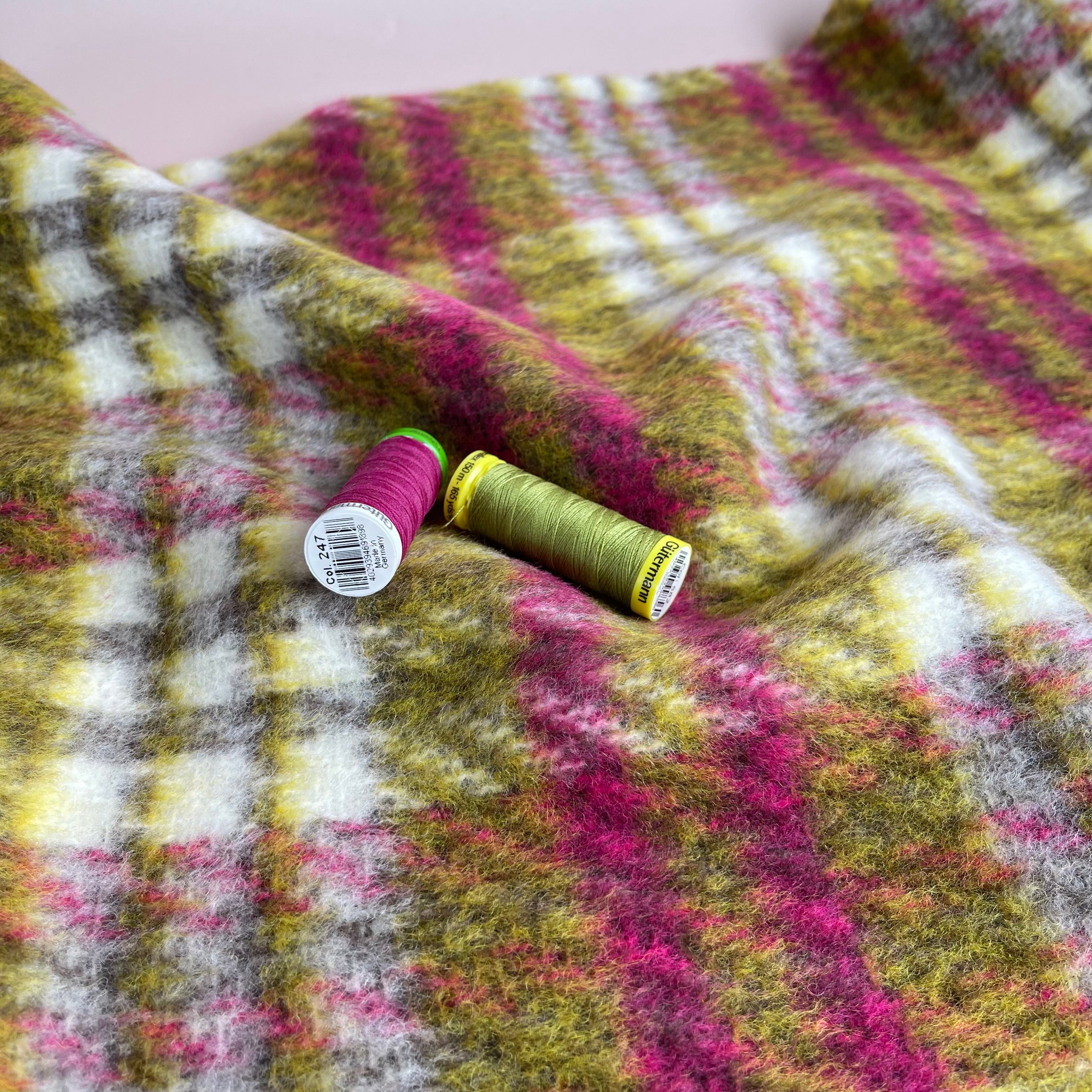 Kirstie in Green and Pink Checked Wool & Cotton Blend Coat Fabric