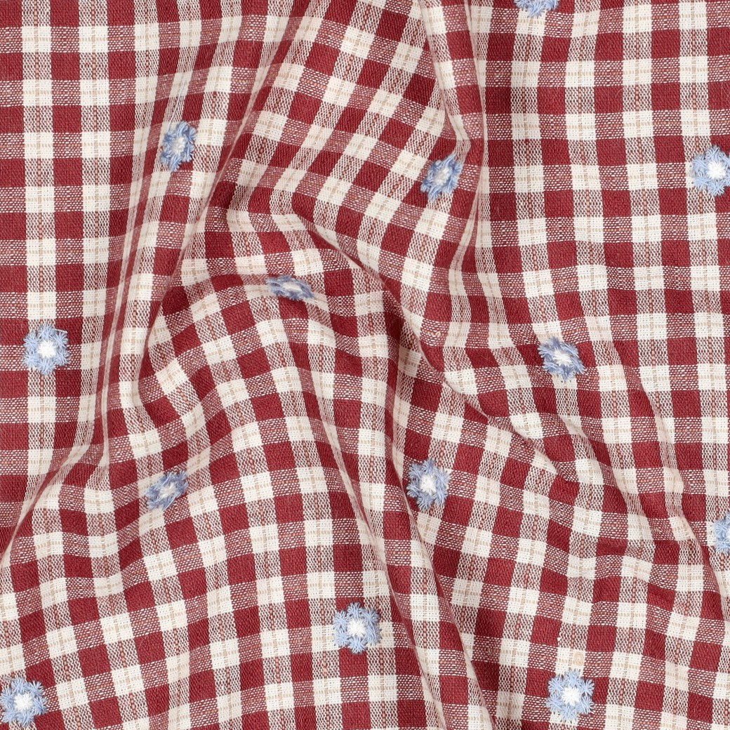 Embroidered Flowers on Rosewood Gingham Cotton Viscose Fabric