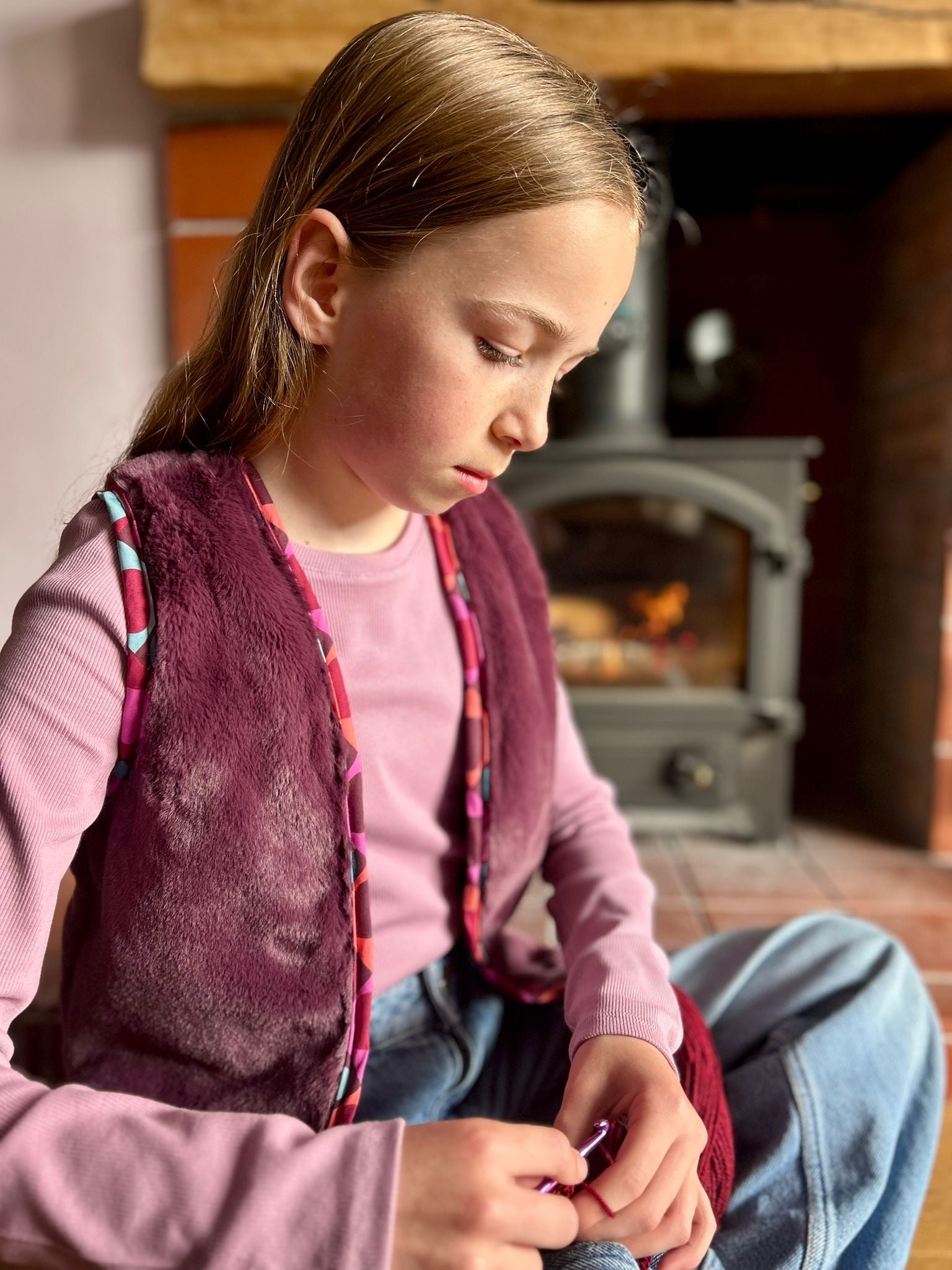 Fur Fabric with Hearts in Bordeaux