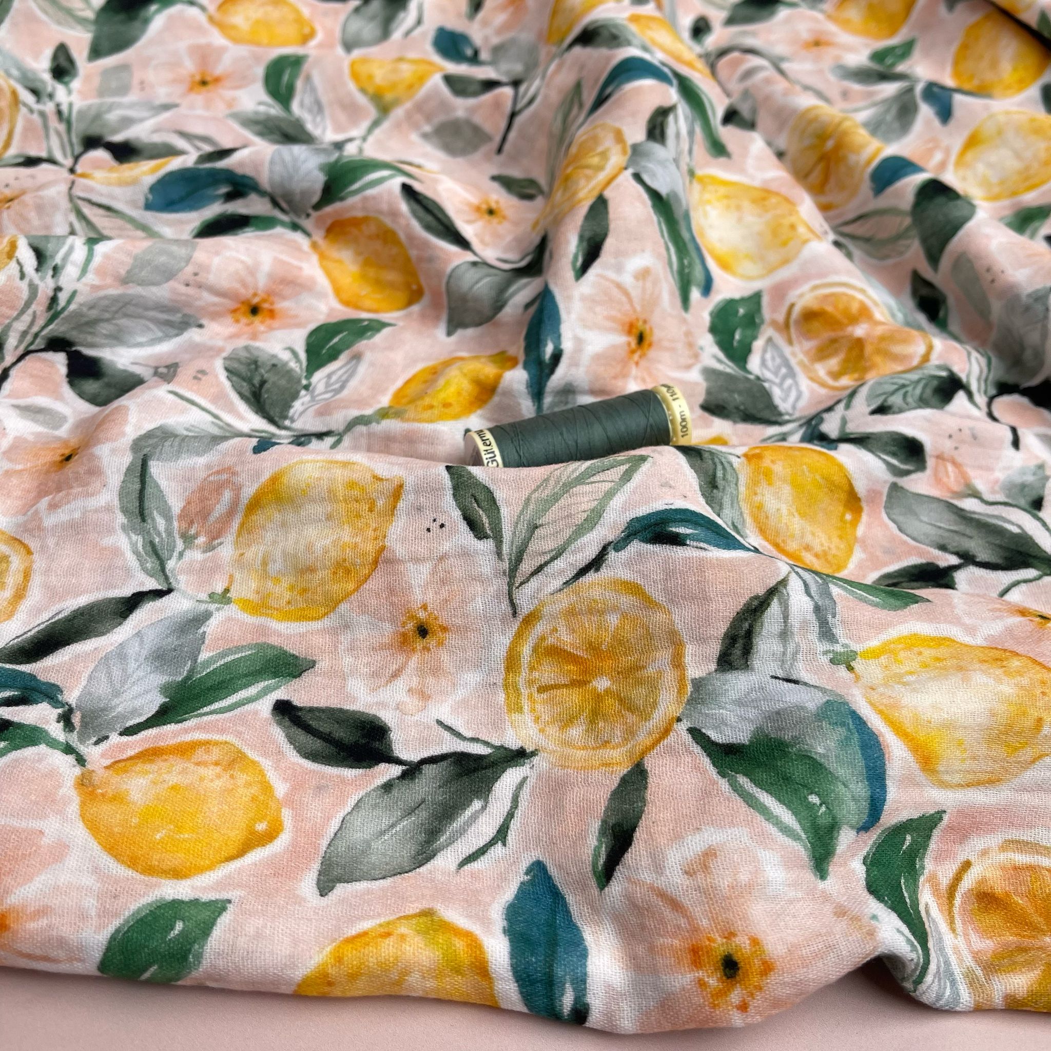 Lemon Grove on Peach Cotton Double Gauze