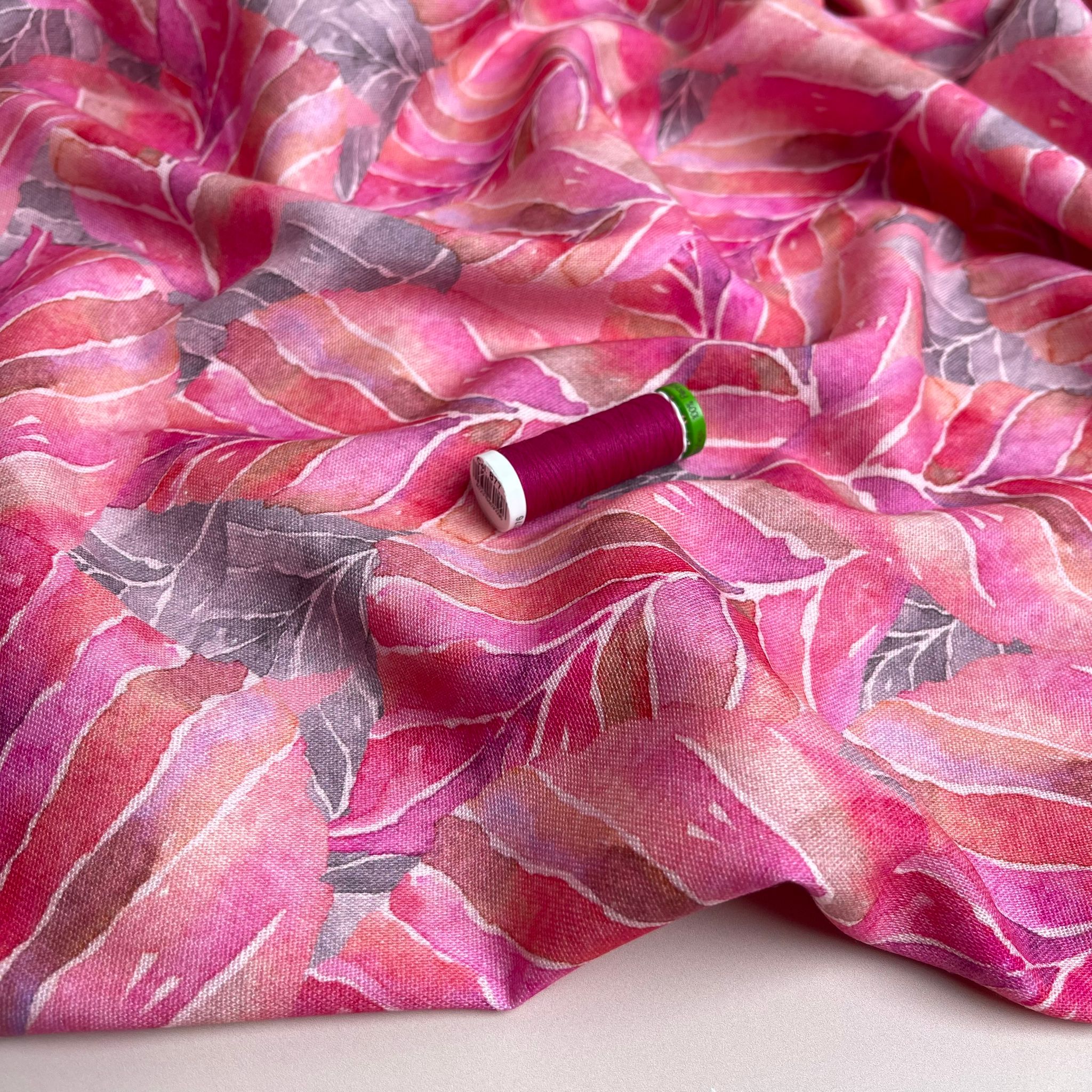 Fuchsia Leaves Viscose Linen Fabric