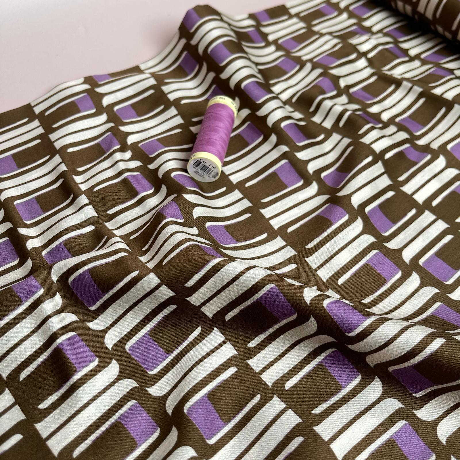 Deadstock Brown and Purple Geo Cotton Sateen Fabric