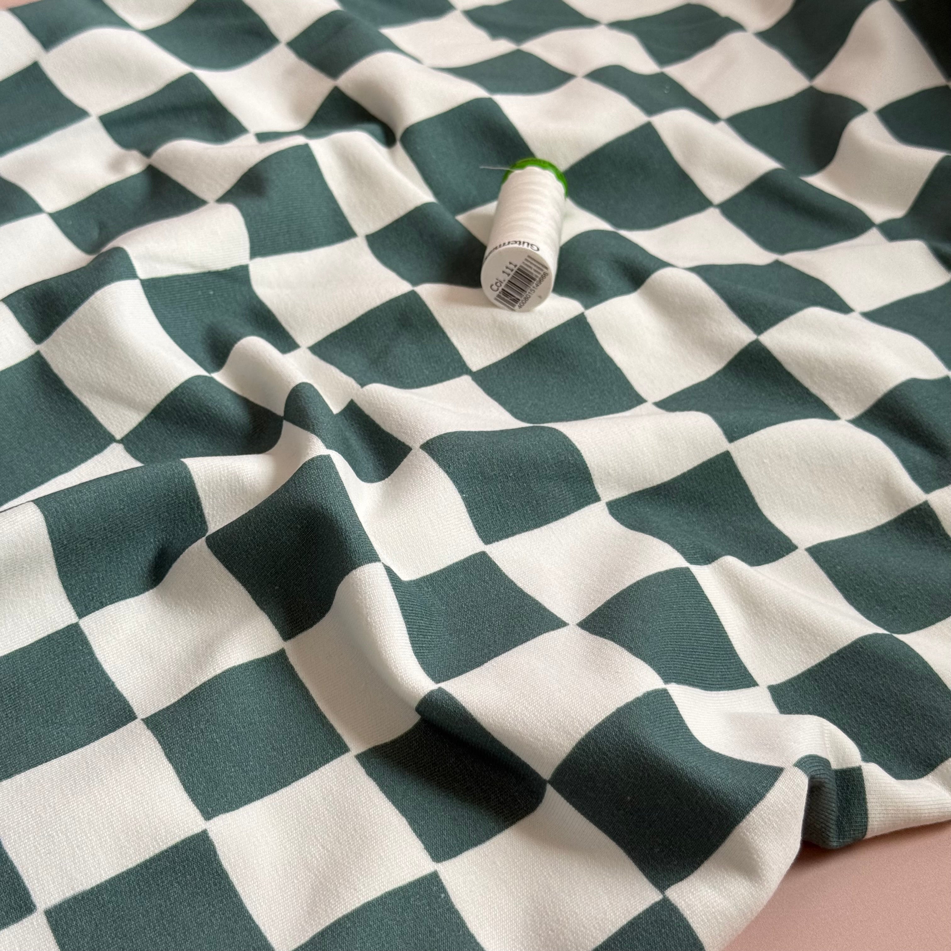 Checkers Dark Green GOTS Organic Cotton French Terry