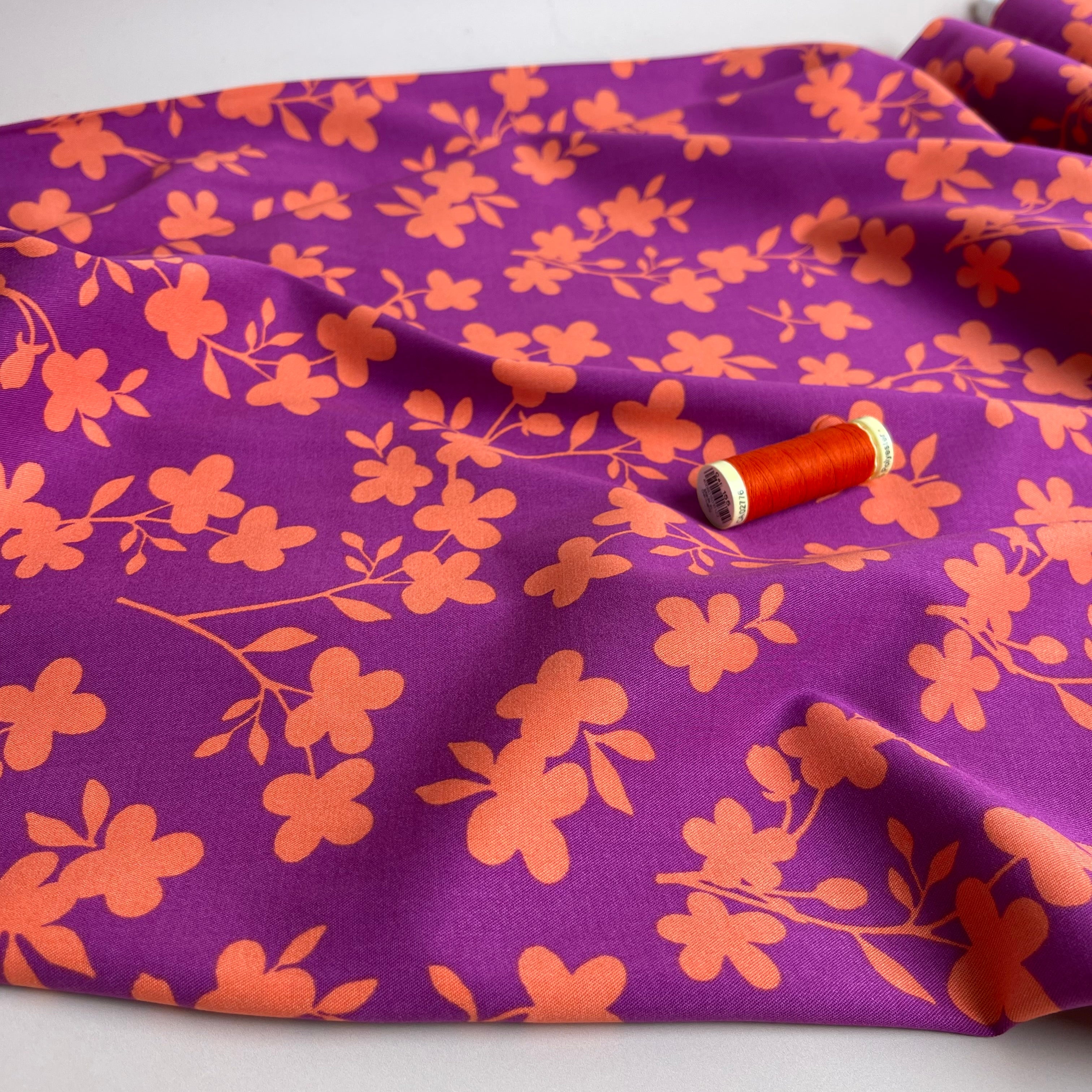 Rosella Shadow Flowers Purple Viscose Twill with Stretch