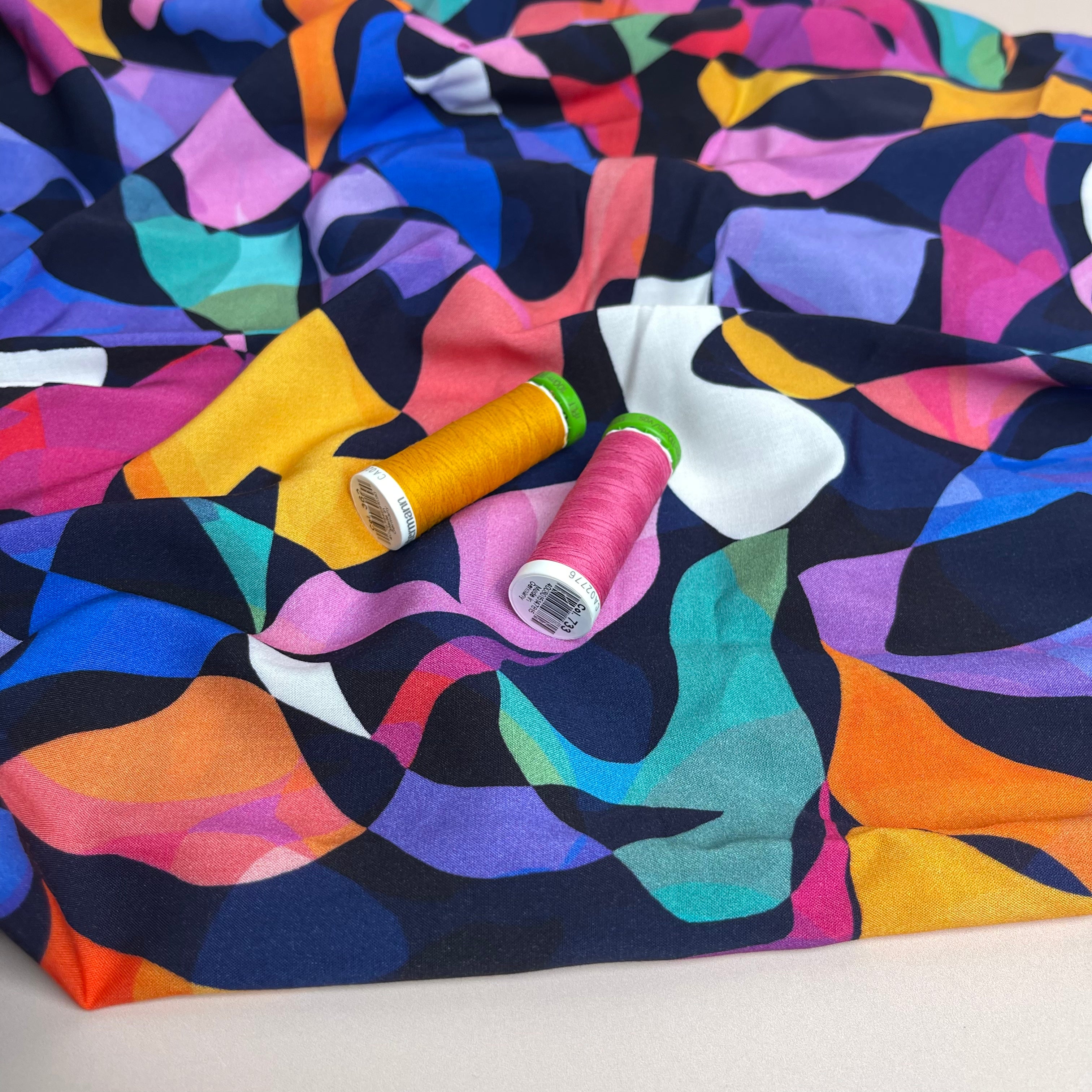 Summer Party - Rainbow Leaves Navy Viscose Fabric