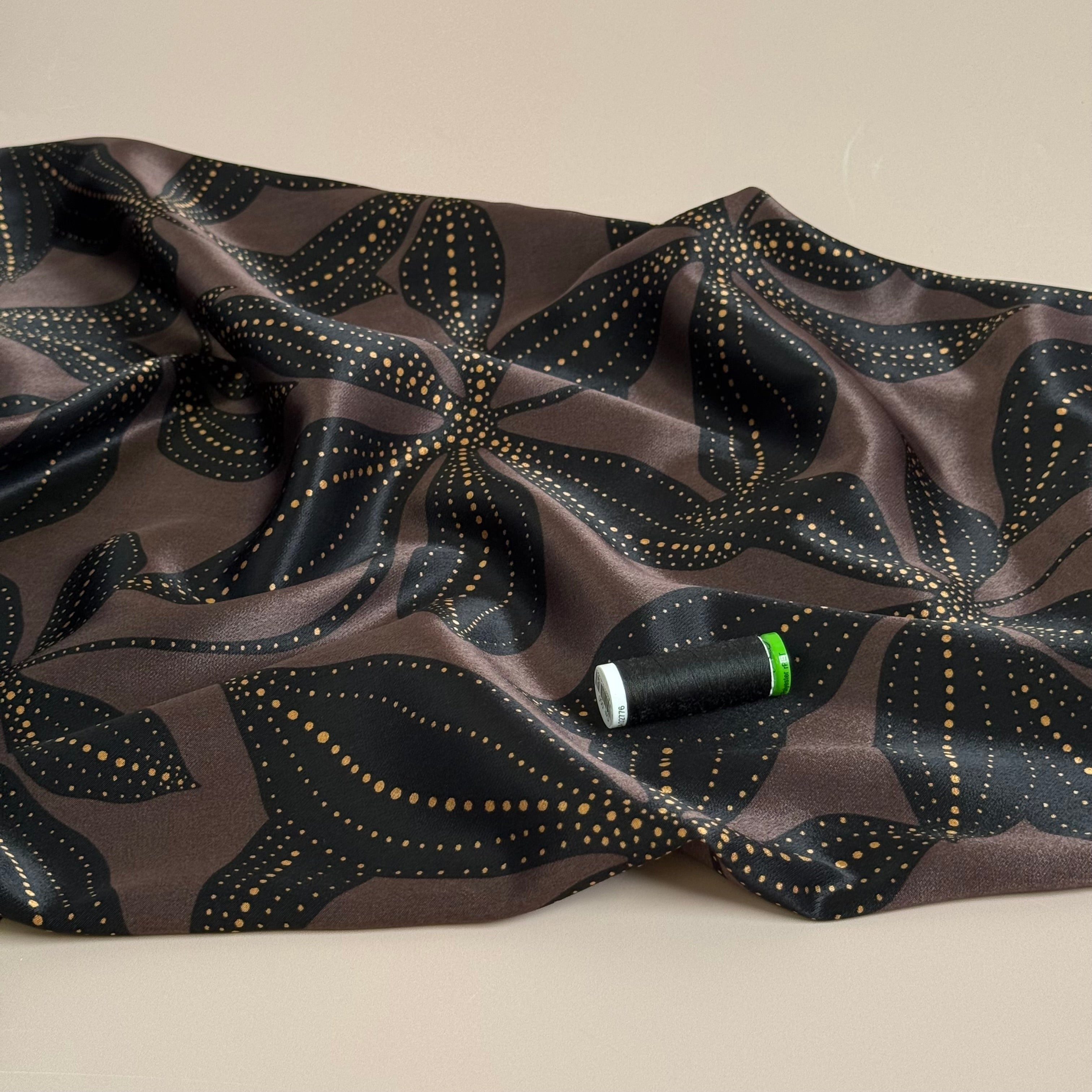 Spoty Flower on Dark Brown Spun Viscose Sateen Fabric