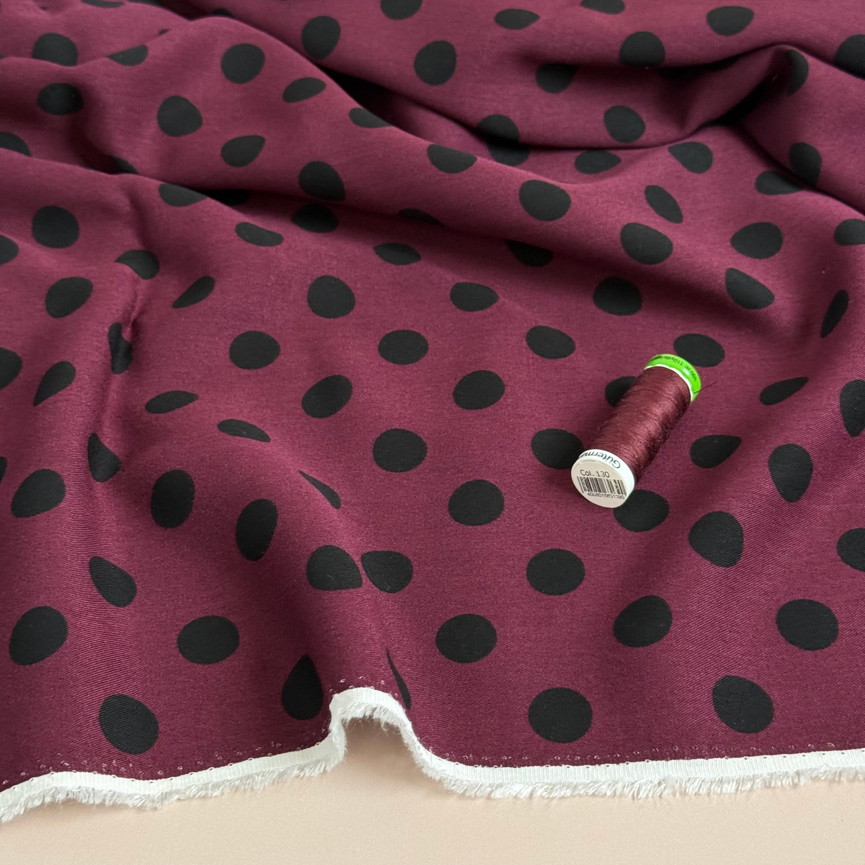 Classic Polka Wine Viscose Twill Fabric