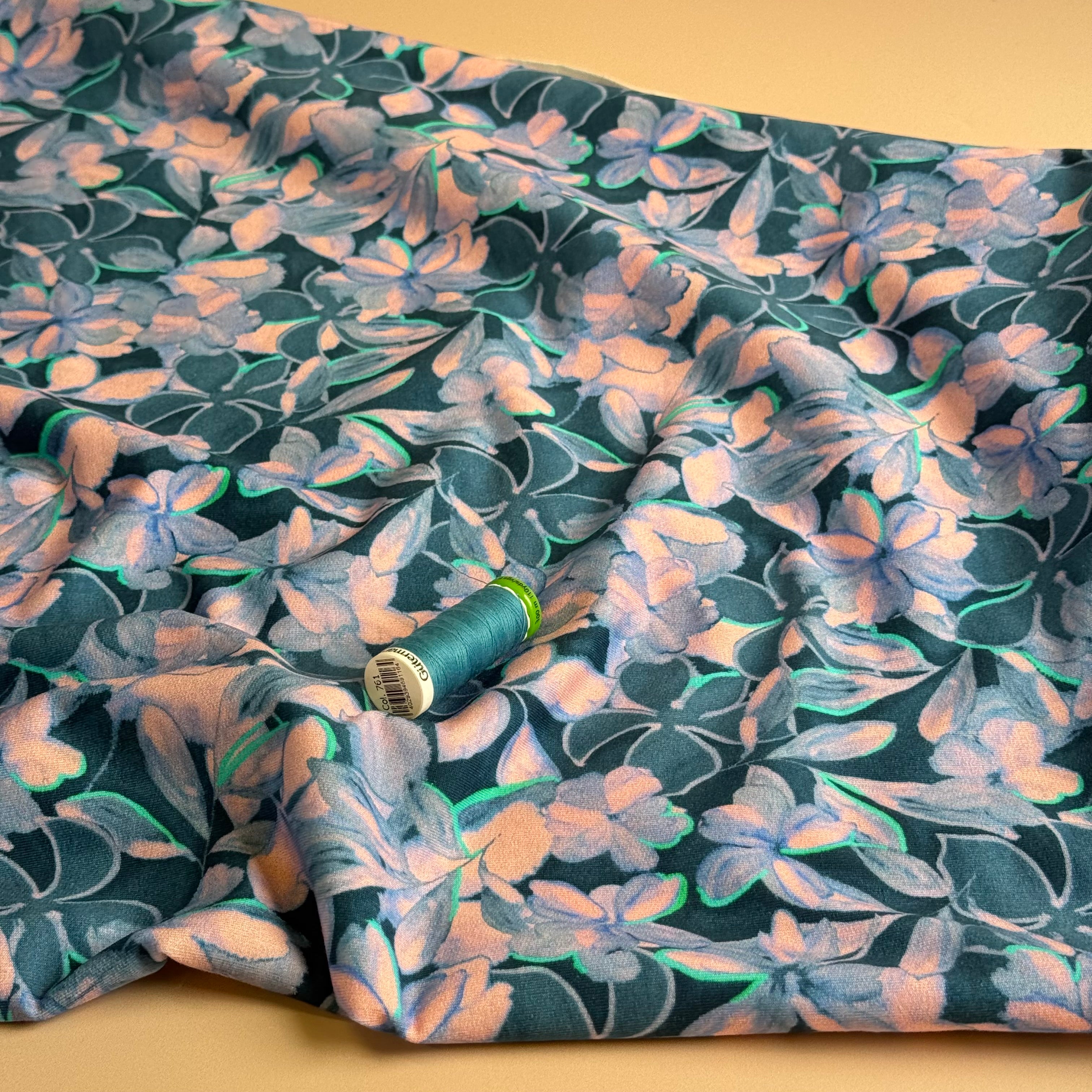 Painted Petals Petrol Cotton French Terry Fabric
