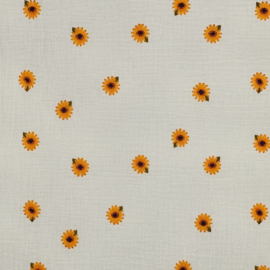 Embroidered Sunflowers on Natural Off-White Cotton Double Gauze