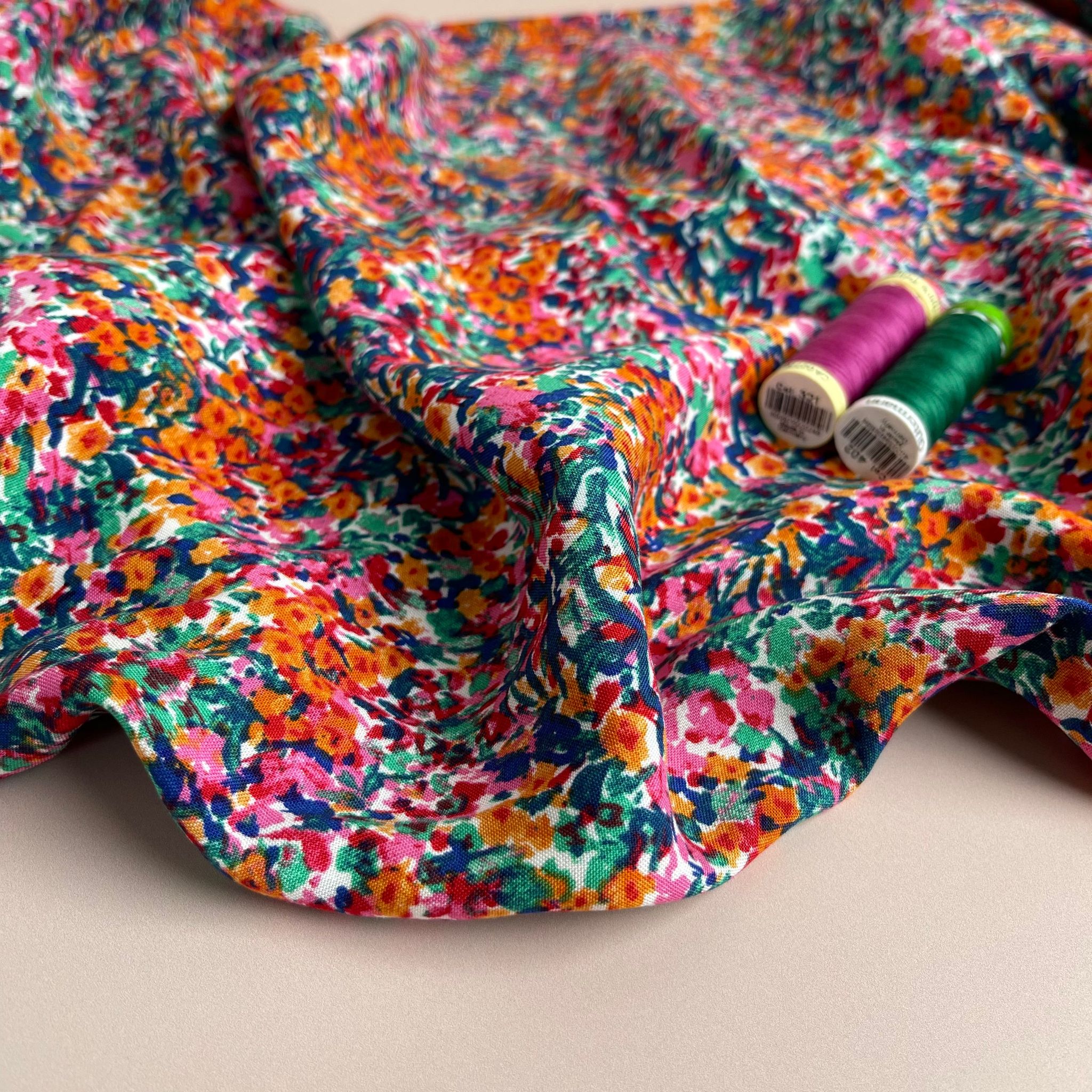 Hazy Meadow on White Rayon Viscose Fabric