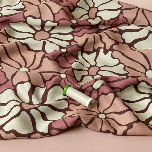 Light & Lush - Pink Blooms on Brown Viscose Twill Fabric