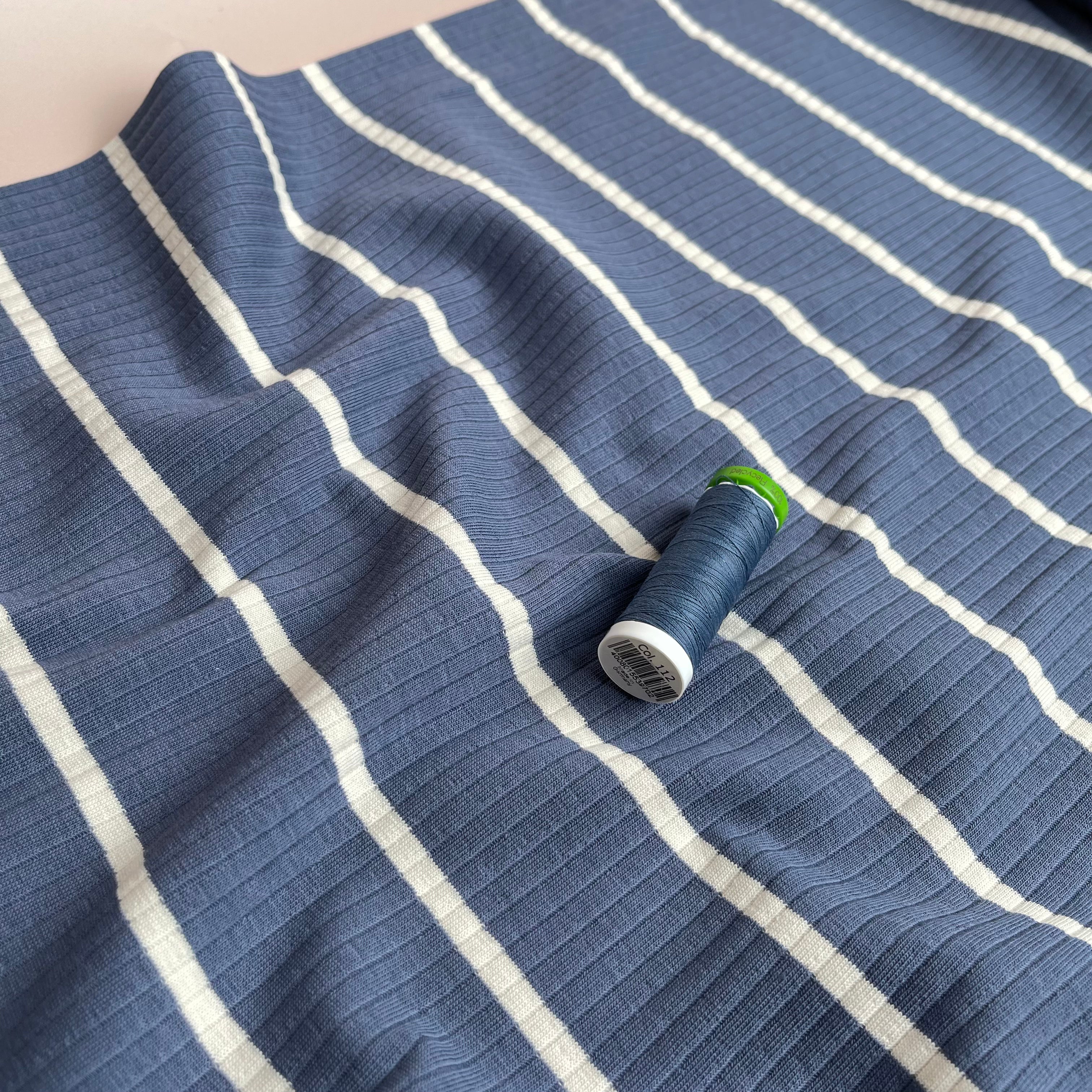 Yarn Dyed Striped Cotton Ribbed Jersey in Blue & Off-white