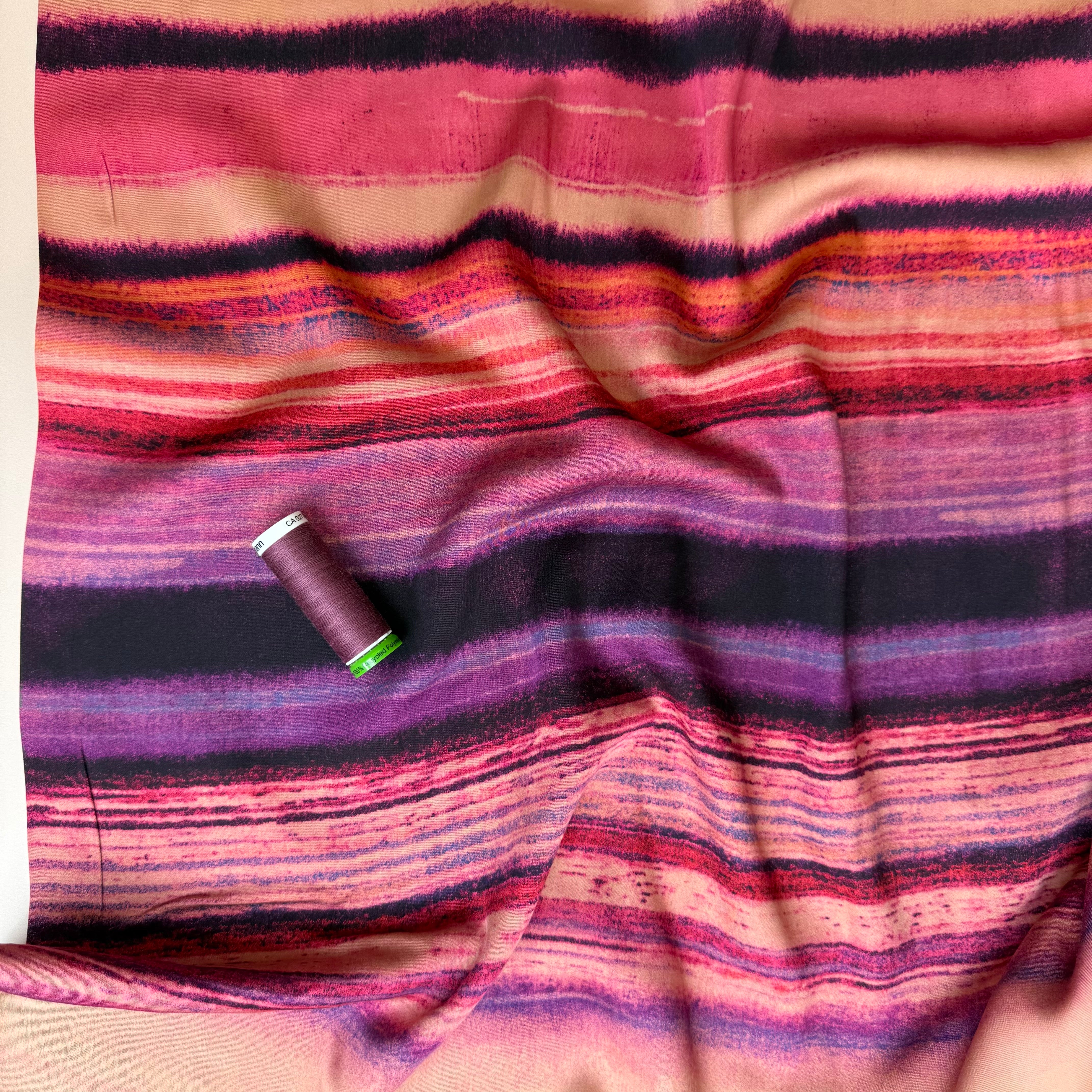 Hazy Horizontal Stripes Pink Viscose Sateen Fabric