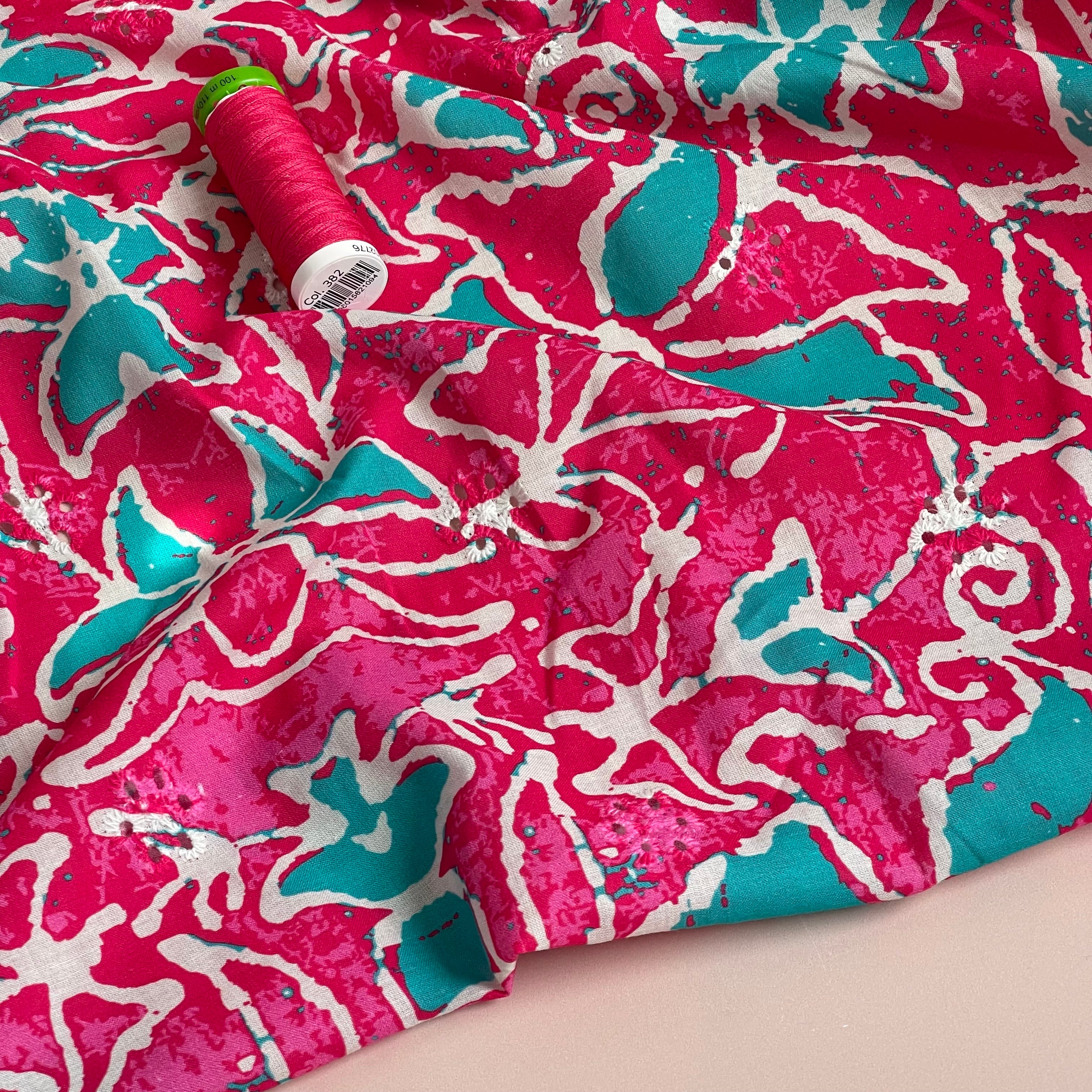 Abstract Flowers on Fuchsia Scalloped Embroidered Cotton Fabric