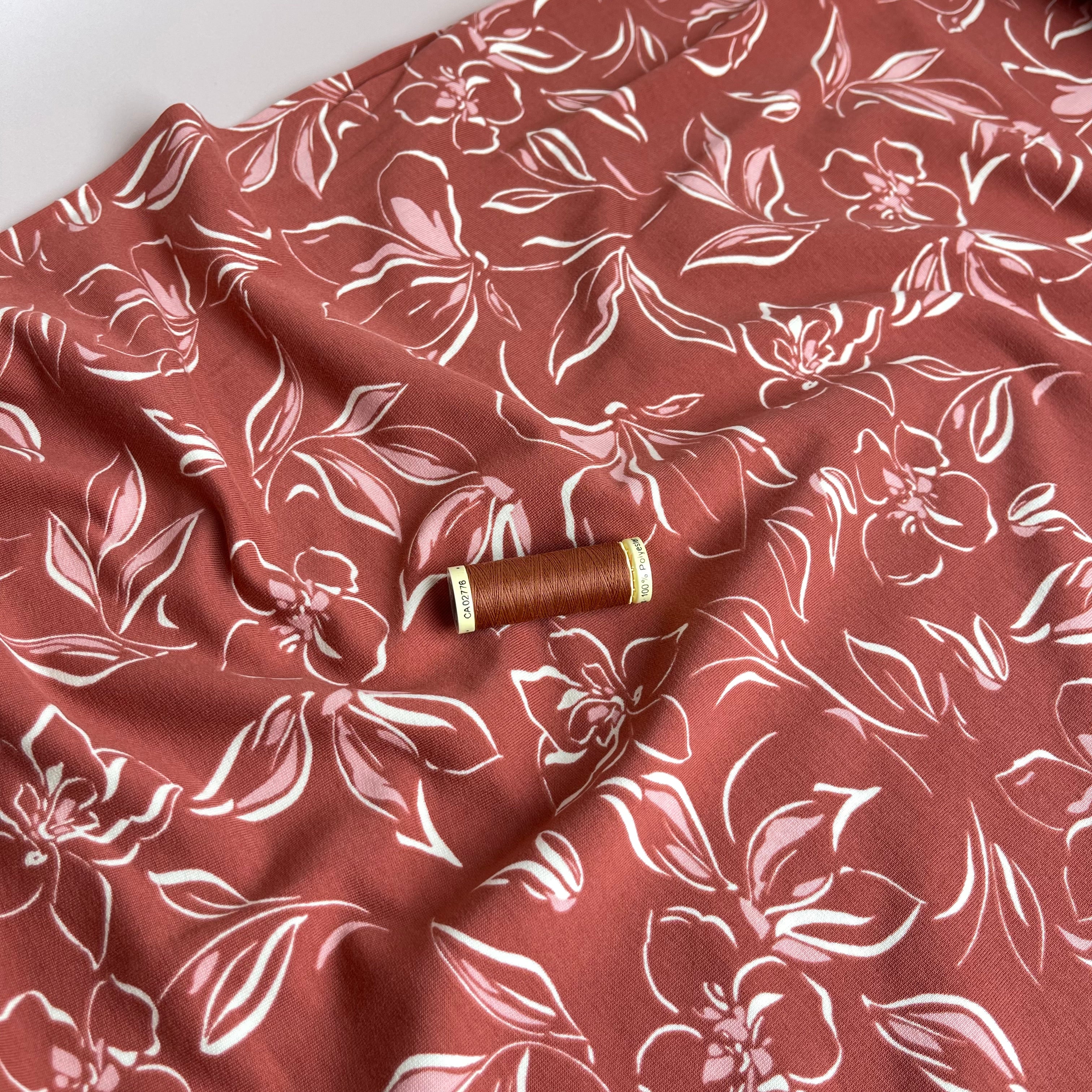 REMNANT 1.04 Metres - Line Flowers on Terracotta Recycled Cotton French Terry