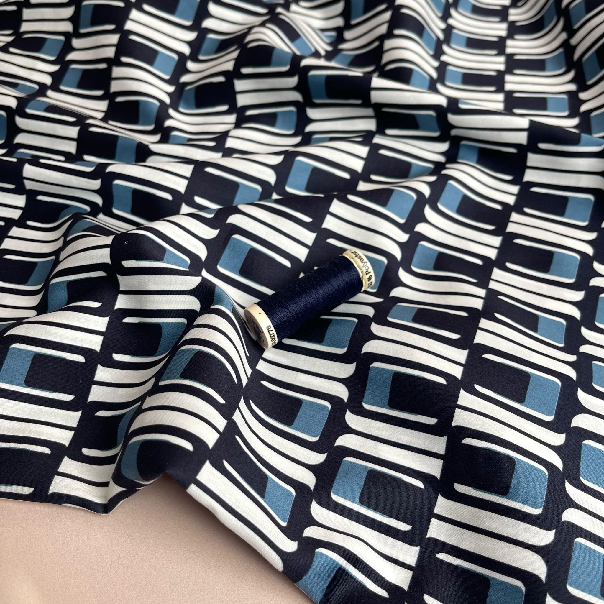 Deadstock Navy and Blue Geo Cotton Sateen Fabric