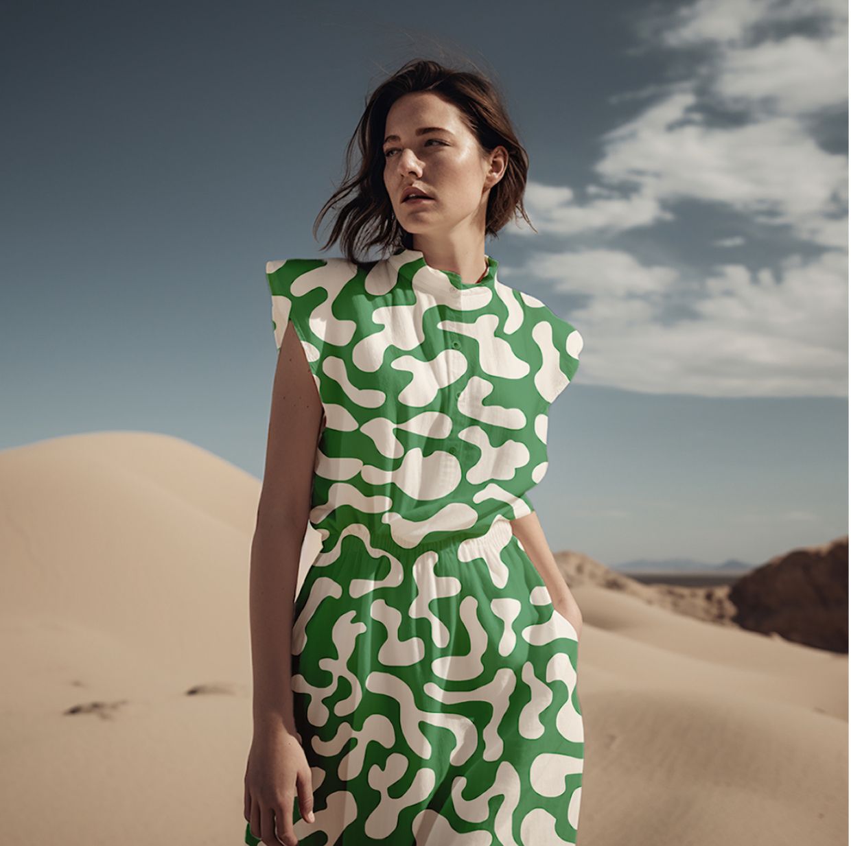 Light & Lush - Shapes on Emerald Viscose Twill Fabric