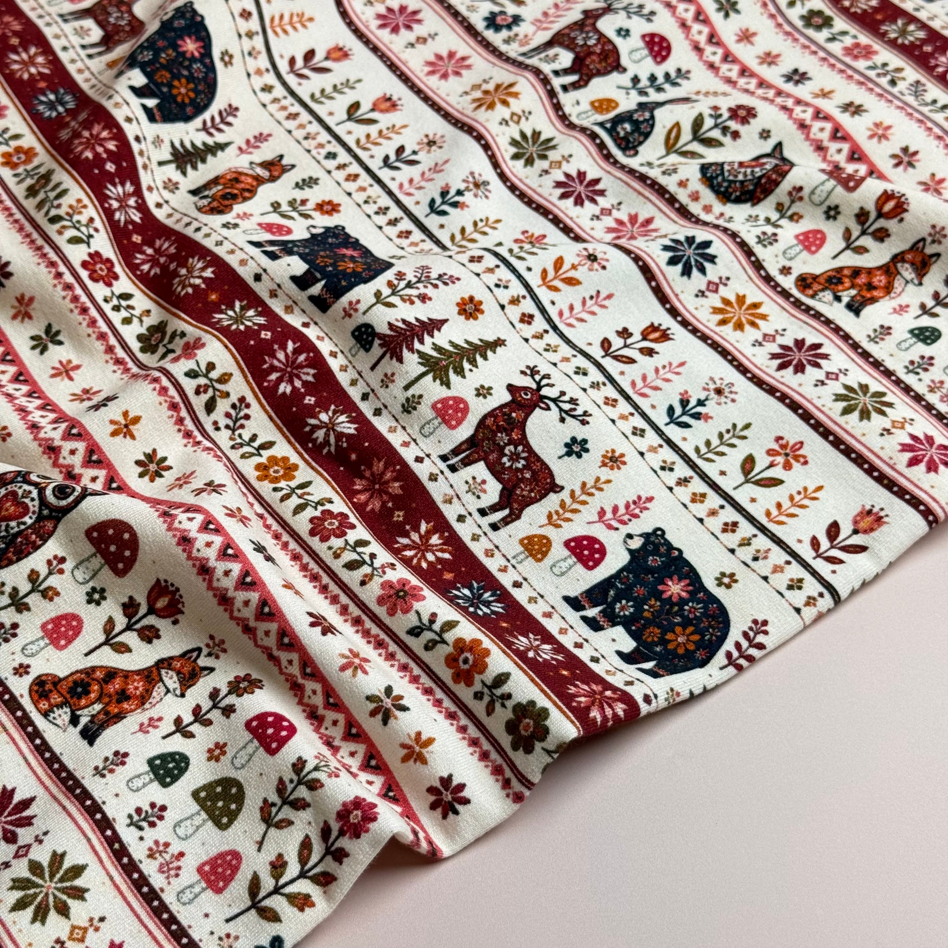 Nordic Animals & Floral Stripes Soft Cotton Sweat-shirting Fabric