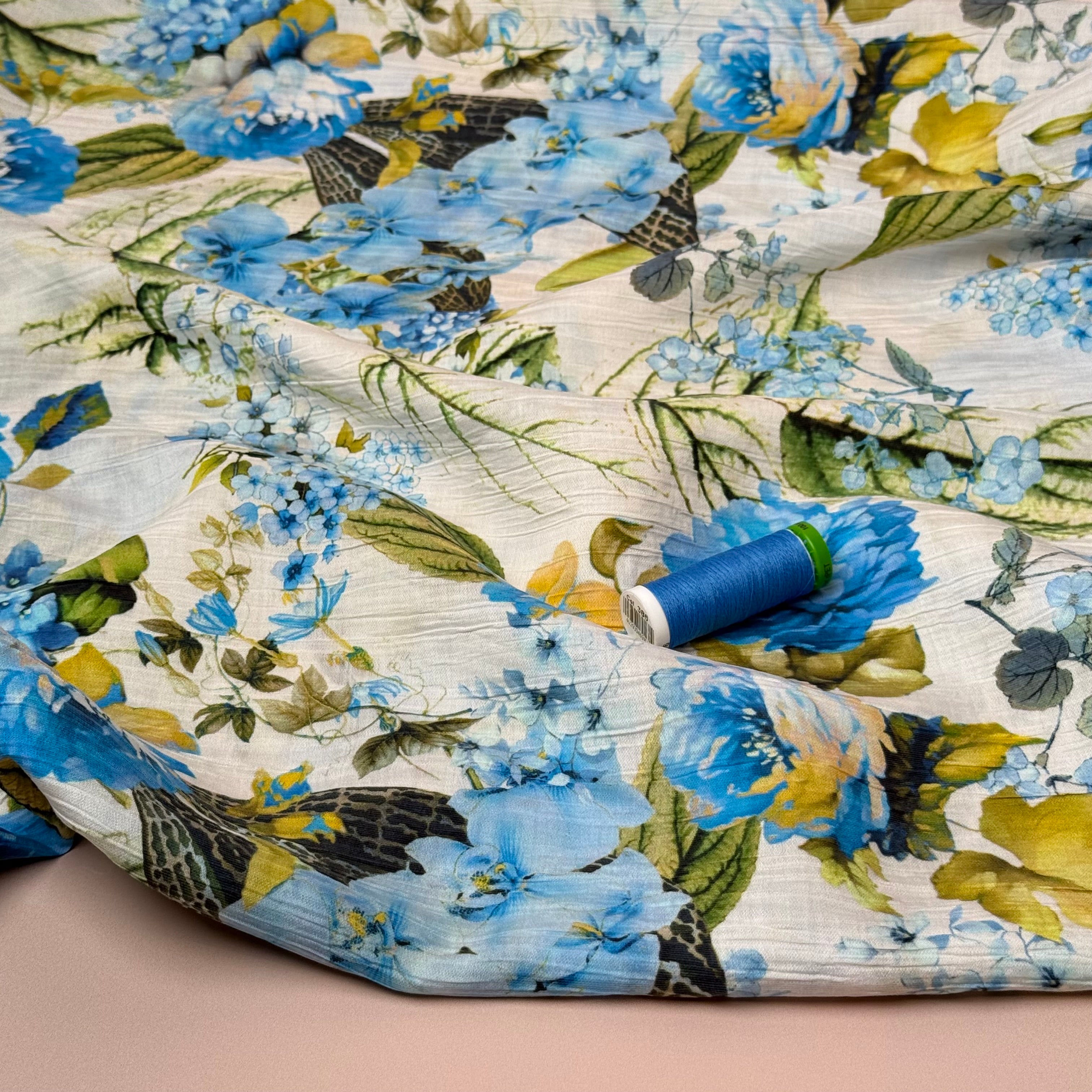 Botanical Blooms Blue Textured Viscose Fabric
