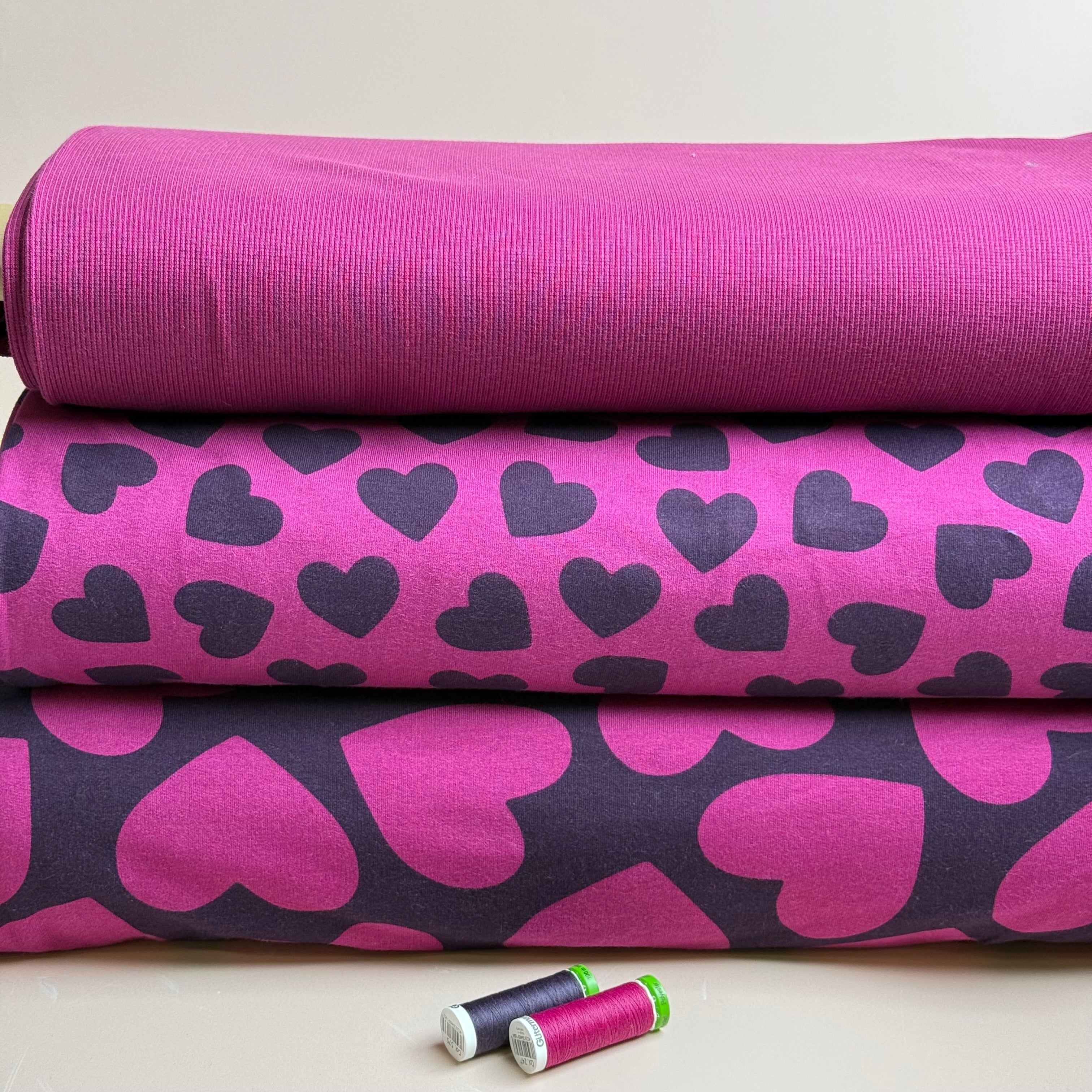Purple Hearts on Pink Peach Soft Cotton Sweat-shirting Fabric