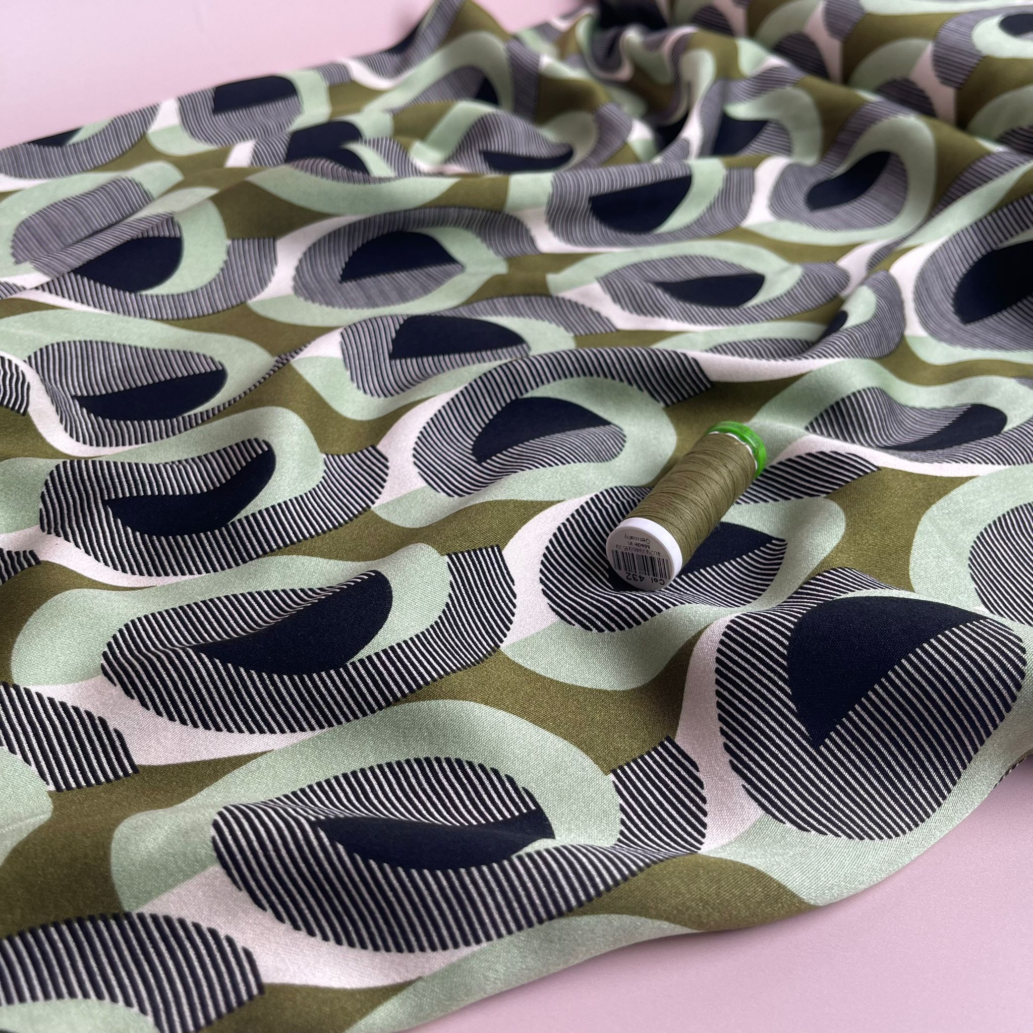 REMNANT 1.3 Metres - Abstract Circles on Olive Viscose Twill Sateen Fabric