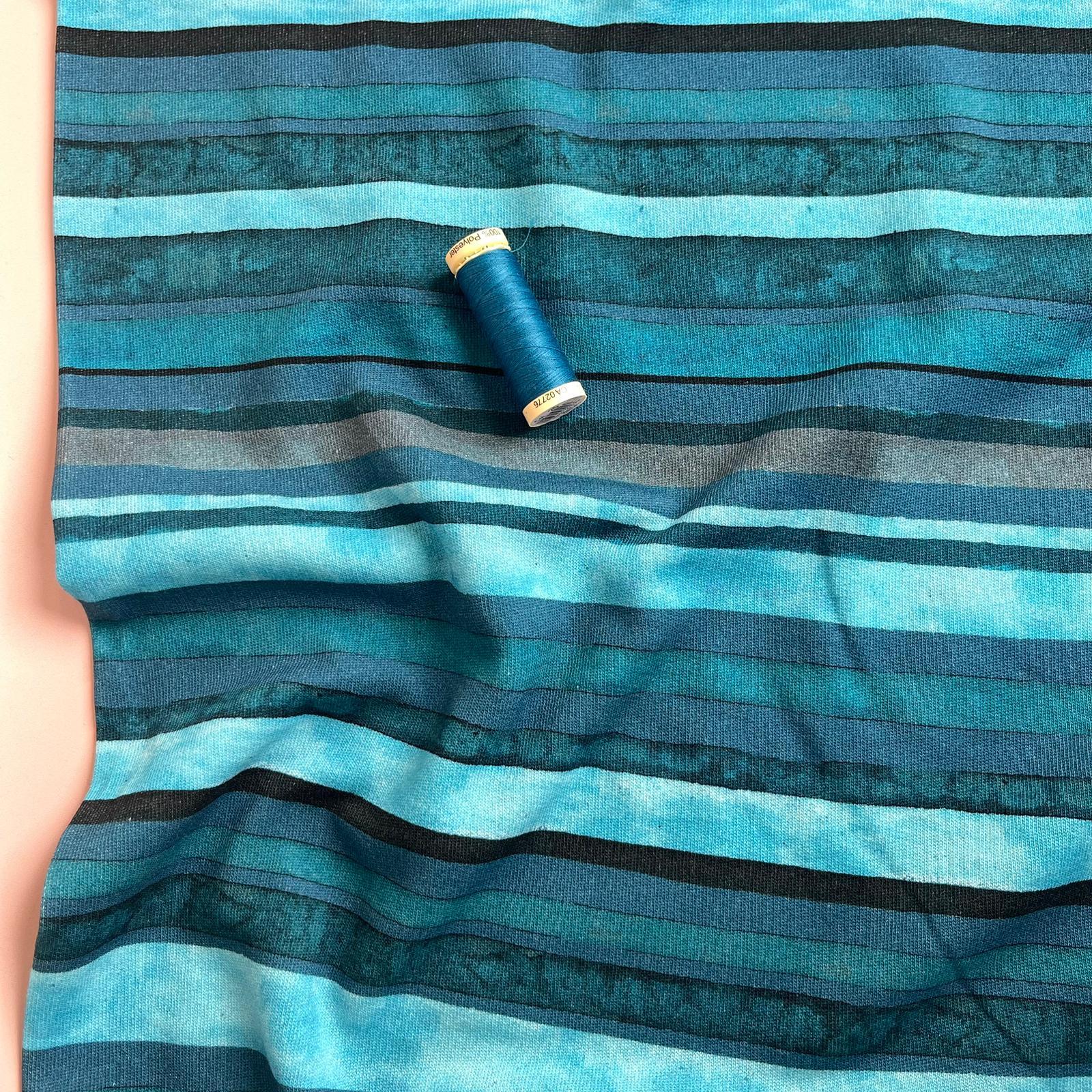 Aqua Blue Stripes Cotton French Terry