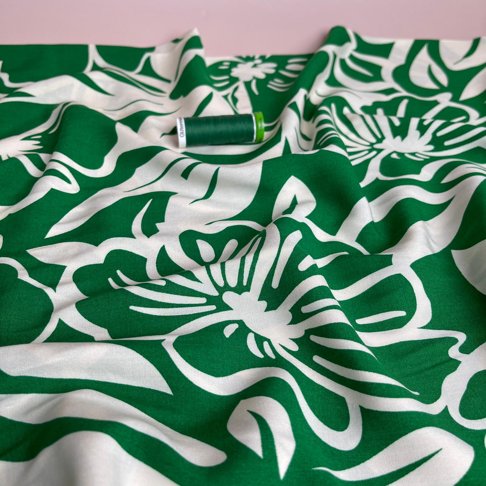 White Blooms on Emerald Green Viscose Fabric