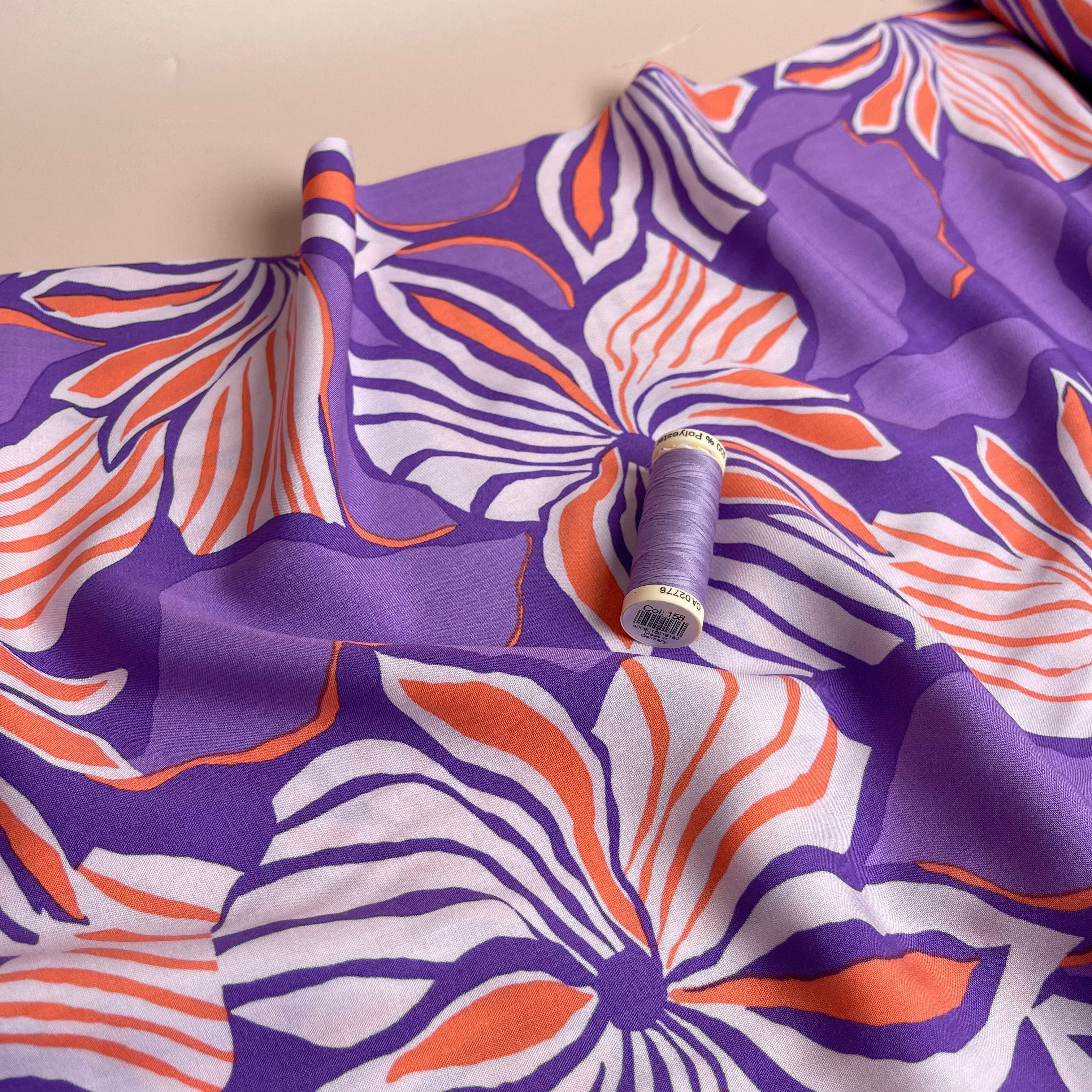 Bold Painted Flowers on Purple LENZING™ ECOVERO™ Viscose Fabric