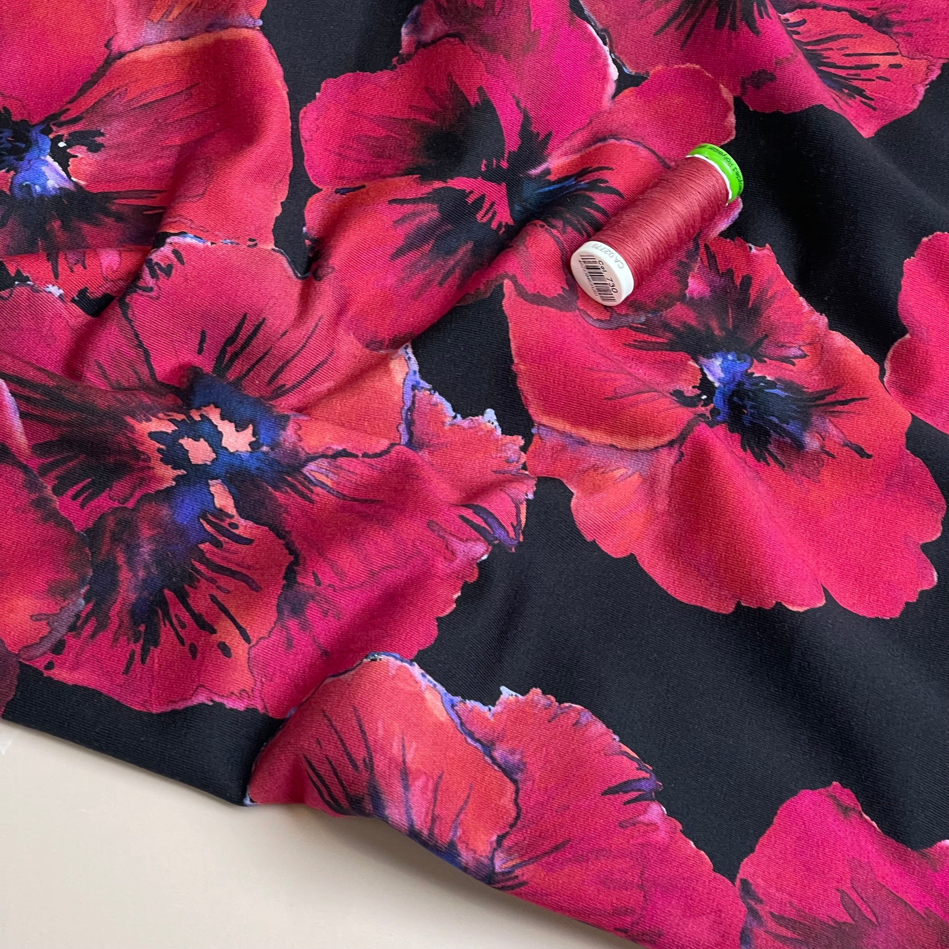 Poppies on Black Cotton French Terry Fabric
