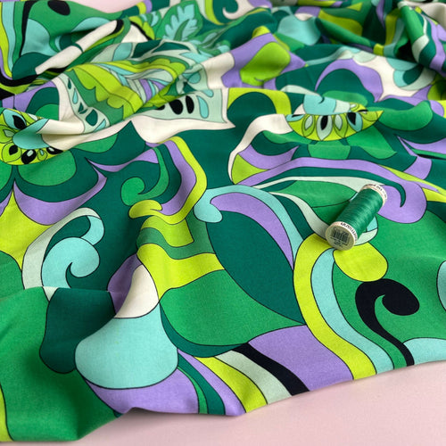 Retro Floral in Green and Lilac Viscose Poplin Fabric