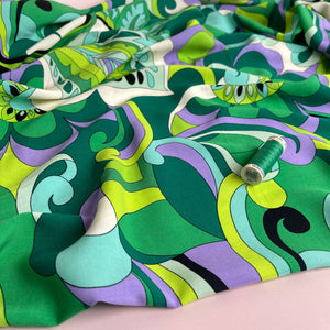 Retro Floral in Green and Lilac Viscose Poplin Fabric