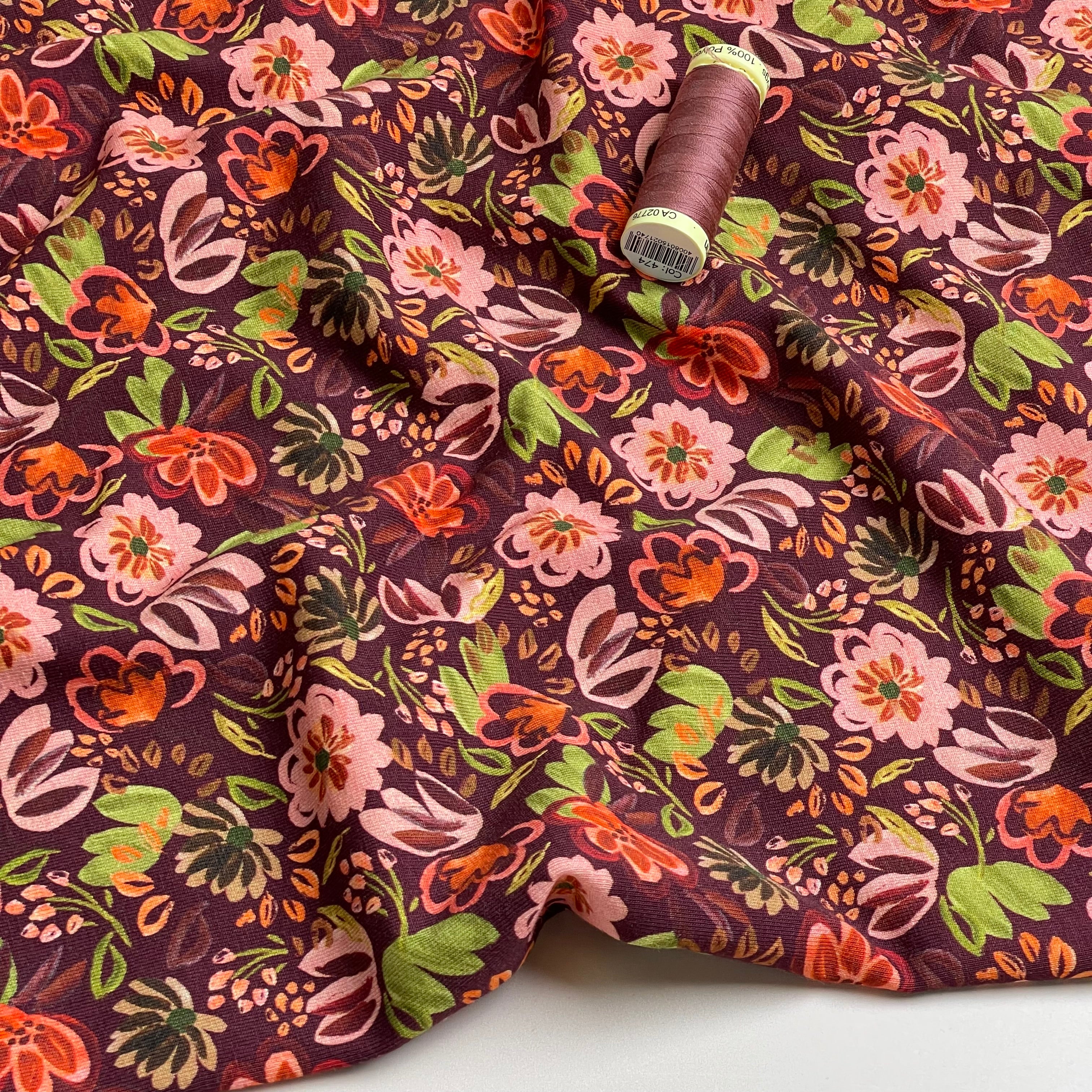 Autumn Flowers Burgundy Cotton Jersey Fabric