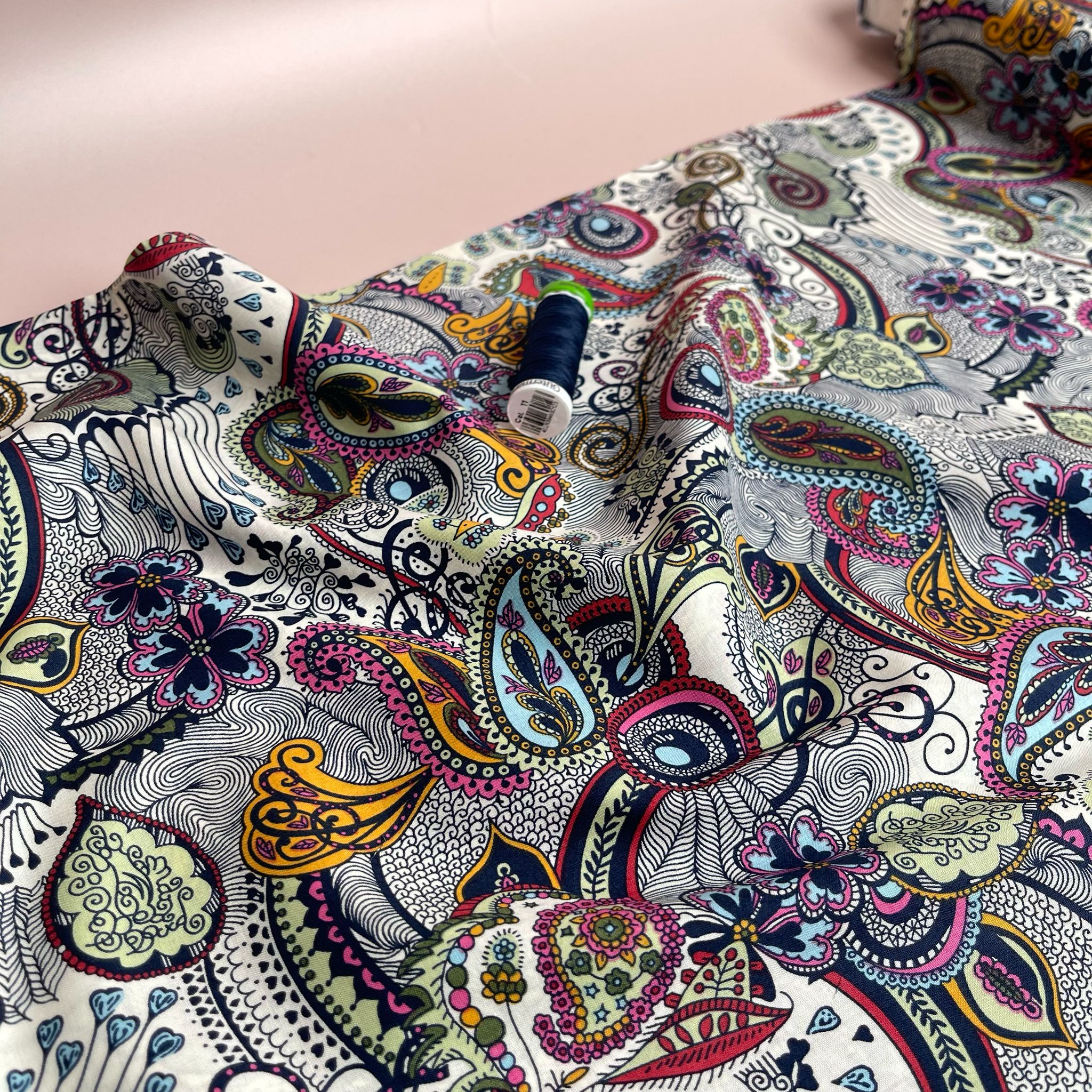 Summer Paisley on White Cotton Lawn Fabric