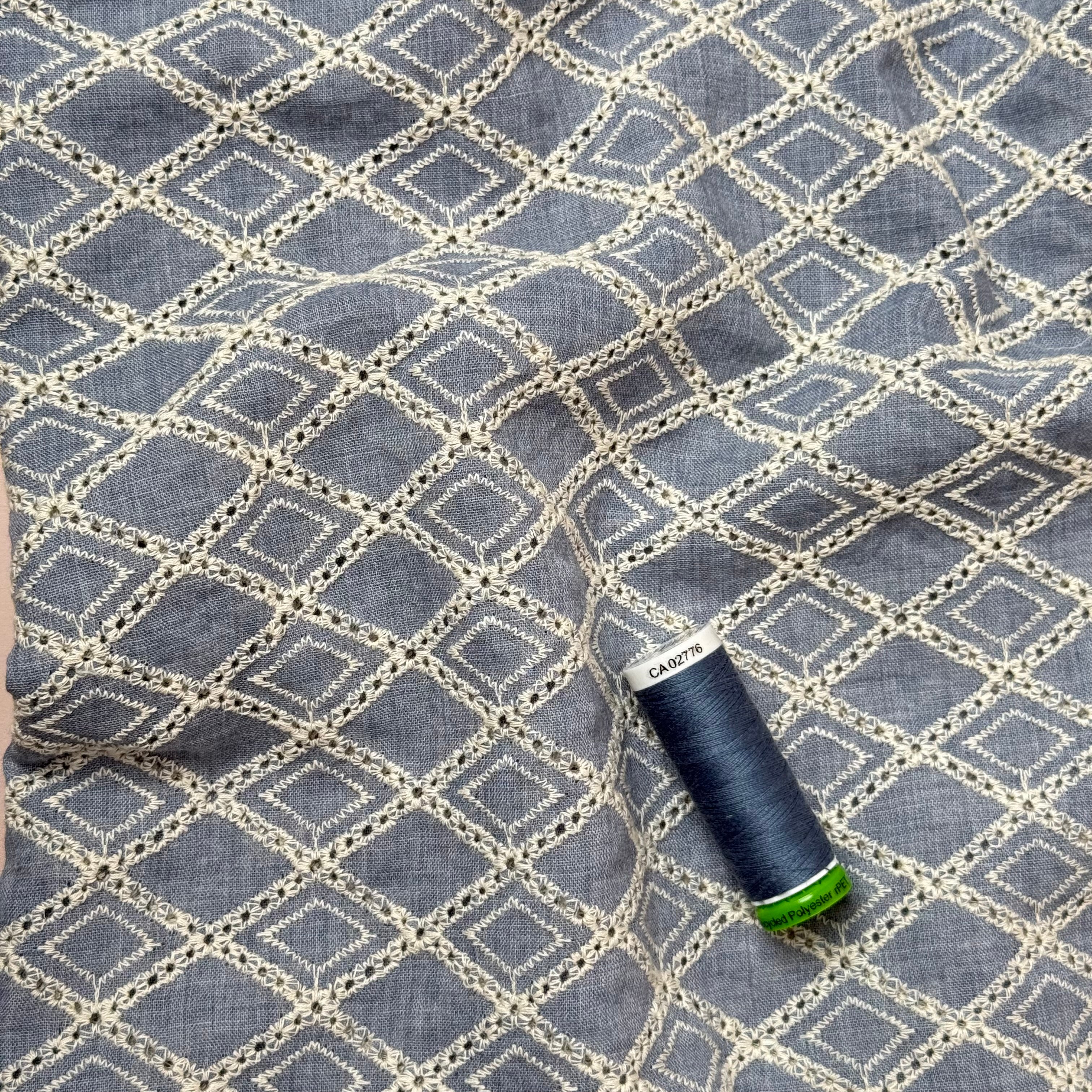 Embroidered Rhombus on Blue Eyelet Cotton Fabric