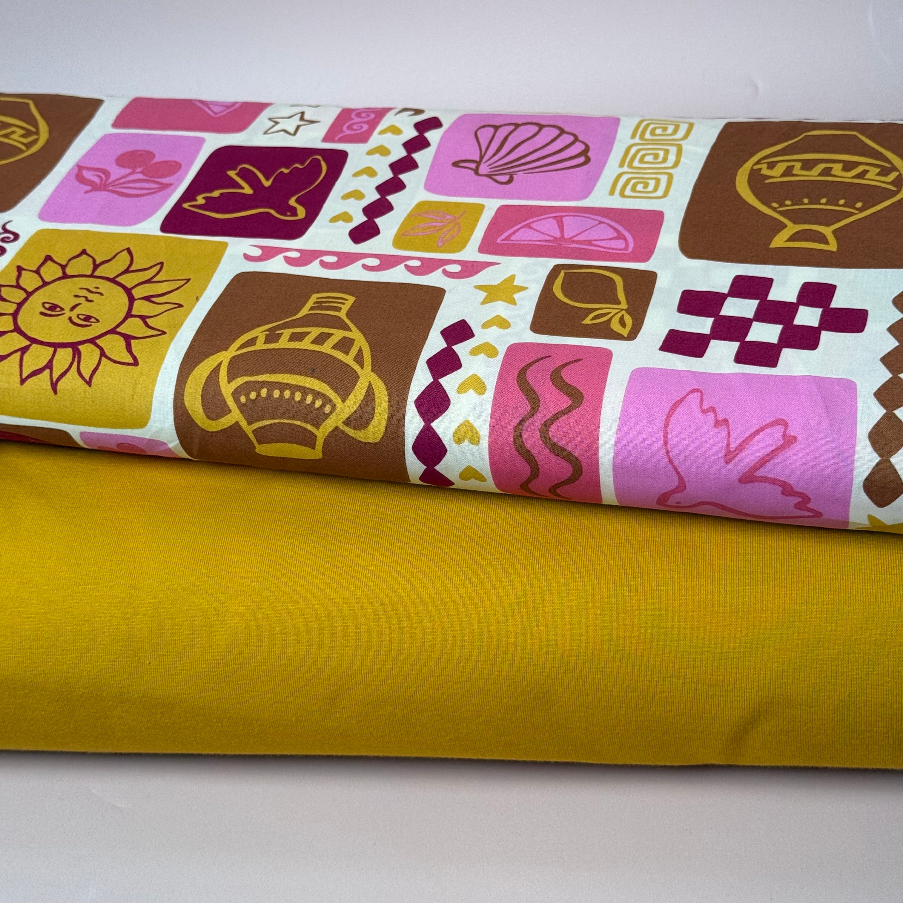 Funky Patchwork Postcard Ochre Fine Cotton Poplin Fabric