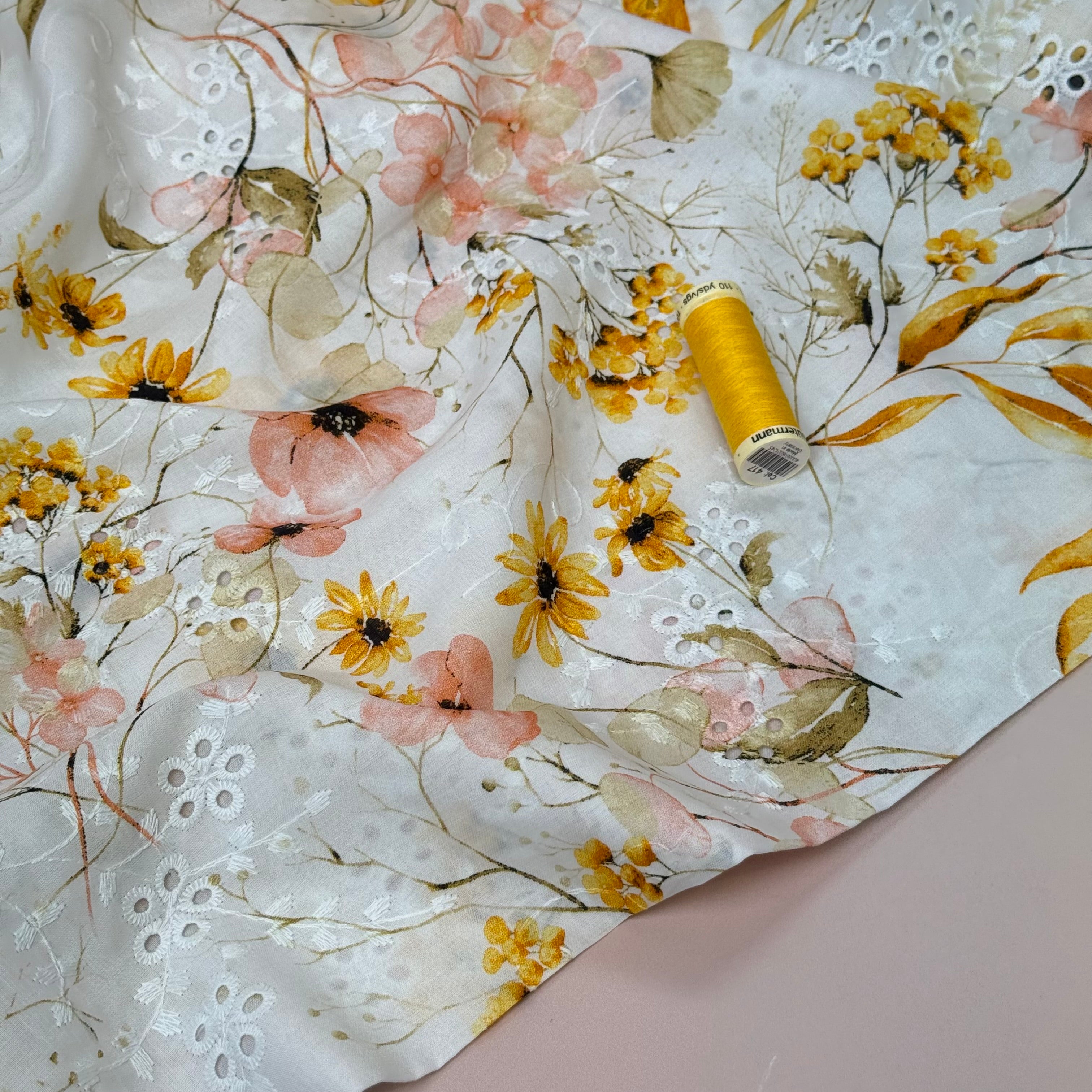 Coral & Gold Flowers on Embroidered White Cotton Voile Fabric