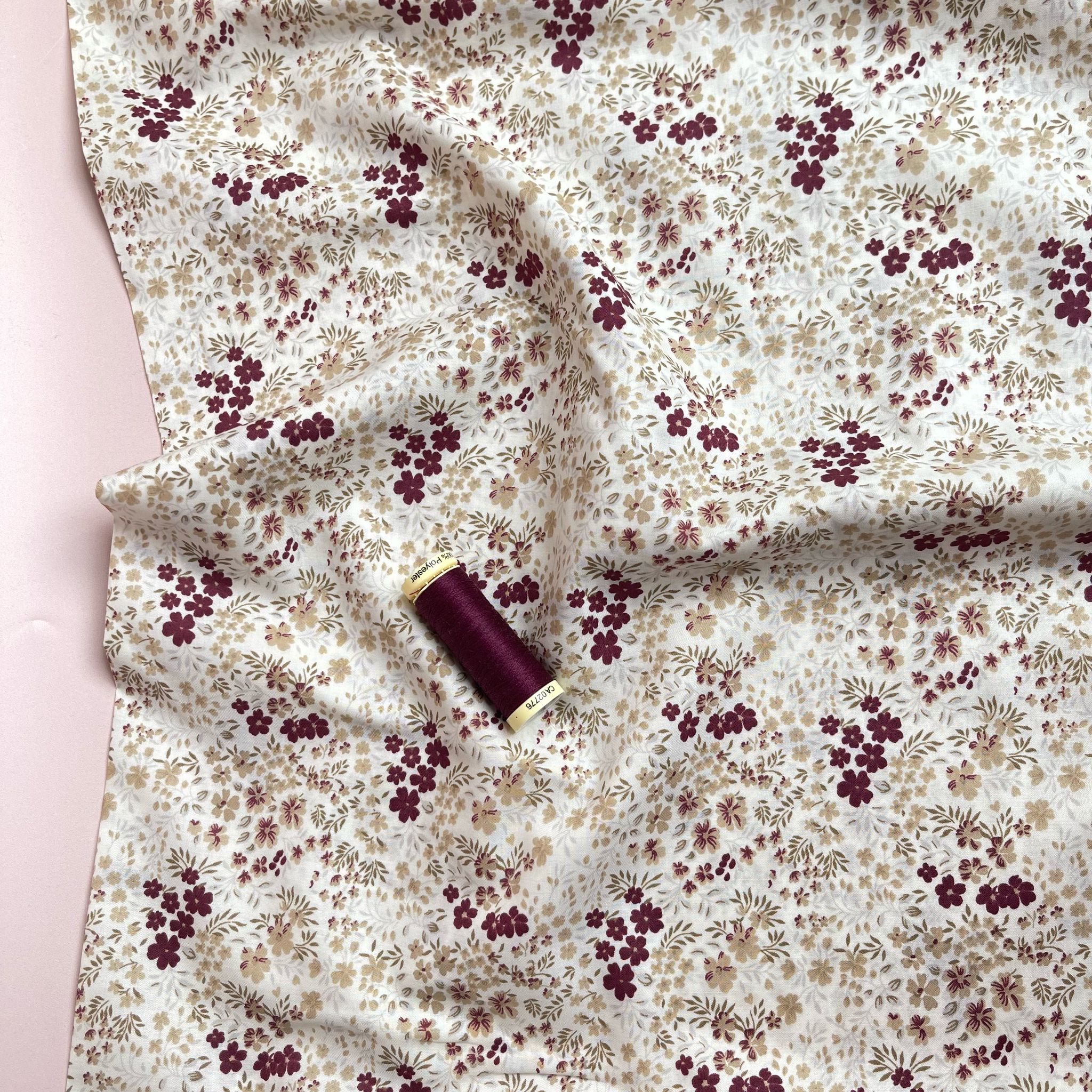 Ex-Designer Deadstock Ditsy Burgundy Flowers Cotton Lawn Fabric