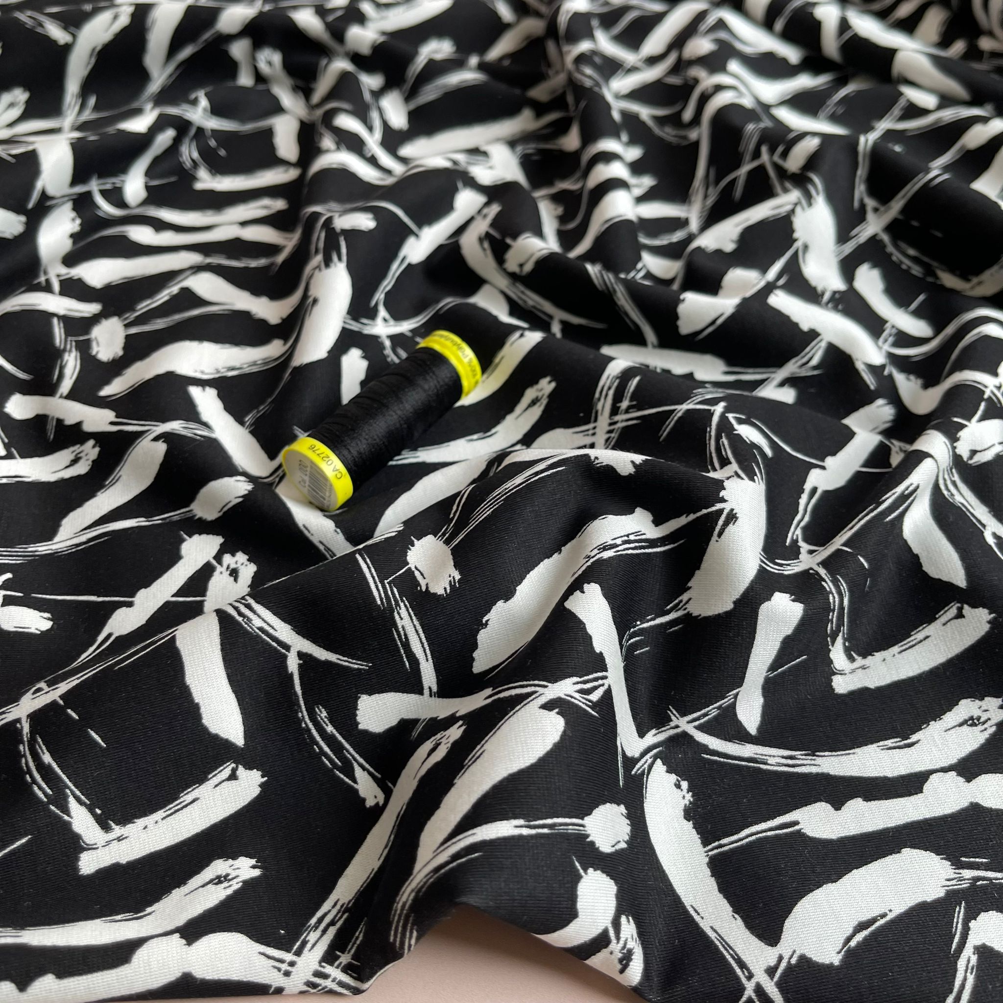 Paint Strokes in Black and White Soft Ponte Roma Fabric