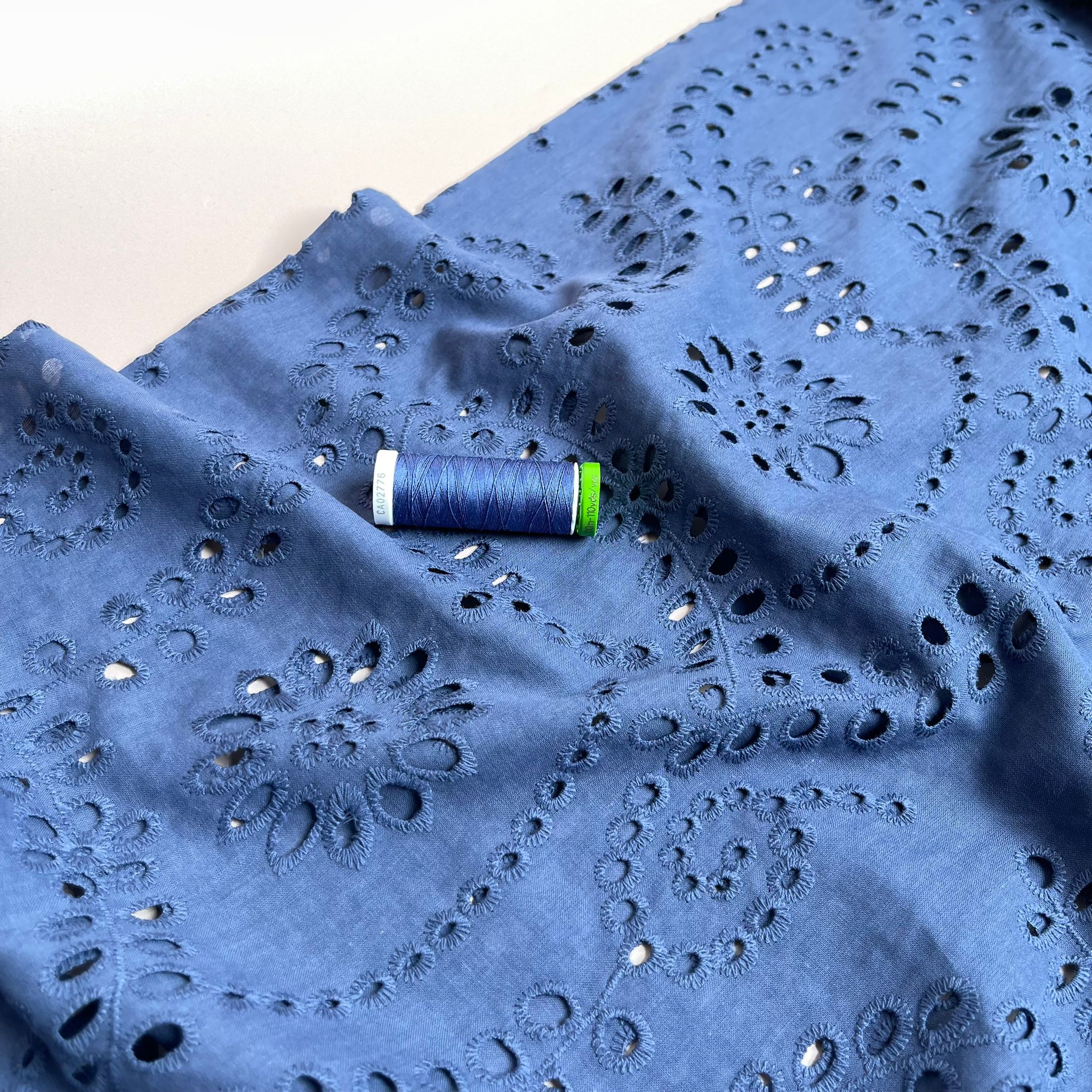 REMNANT 0.46 Metre - Sweet Vines Denim Blue Cotton Broderie Anglaise Fabric