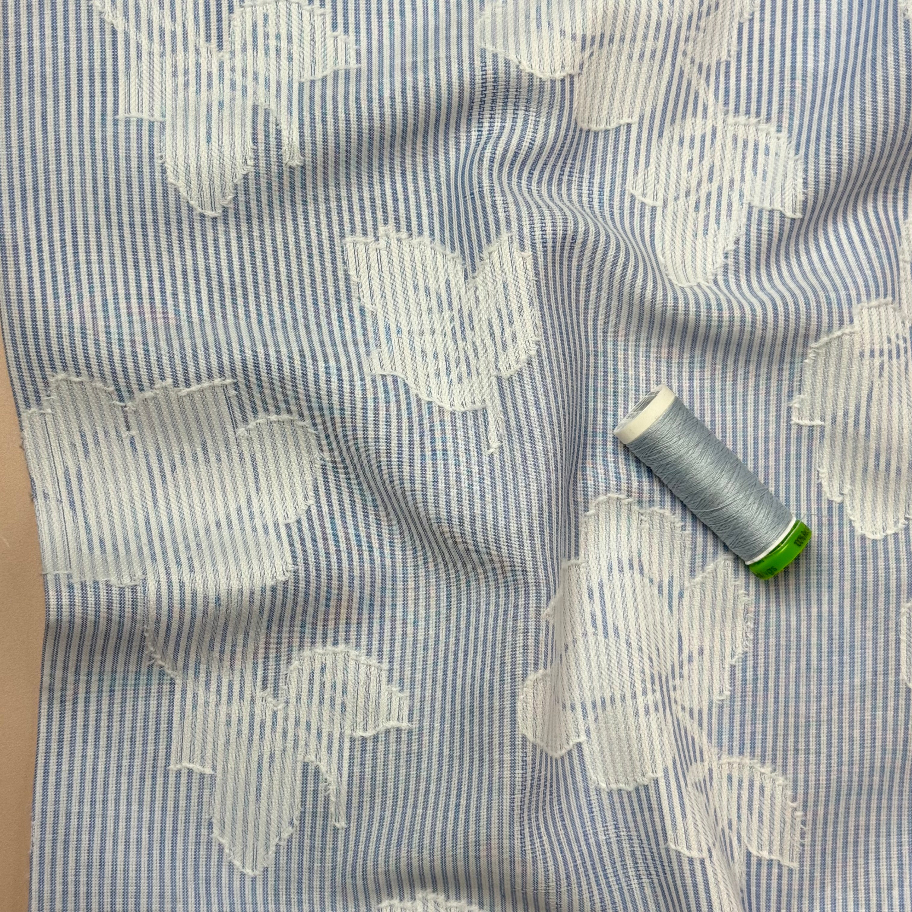 Patched Flowers on Blue Stripe Cotton Fabric