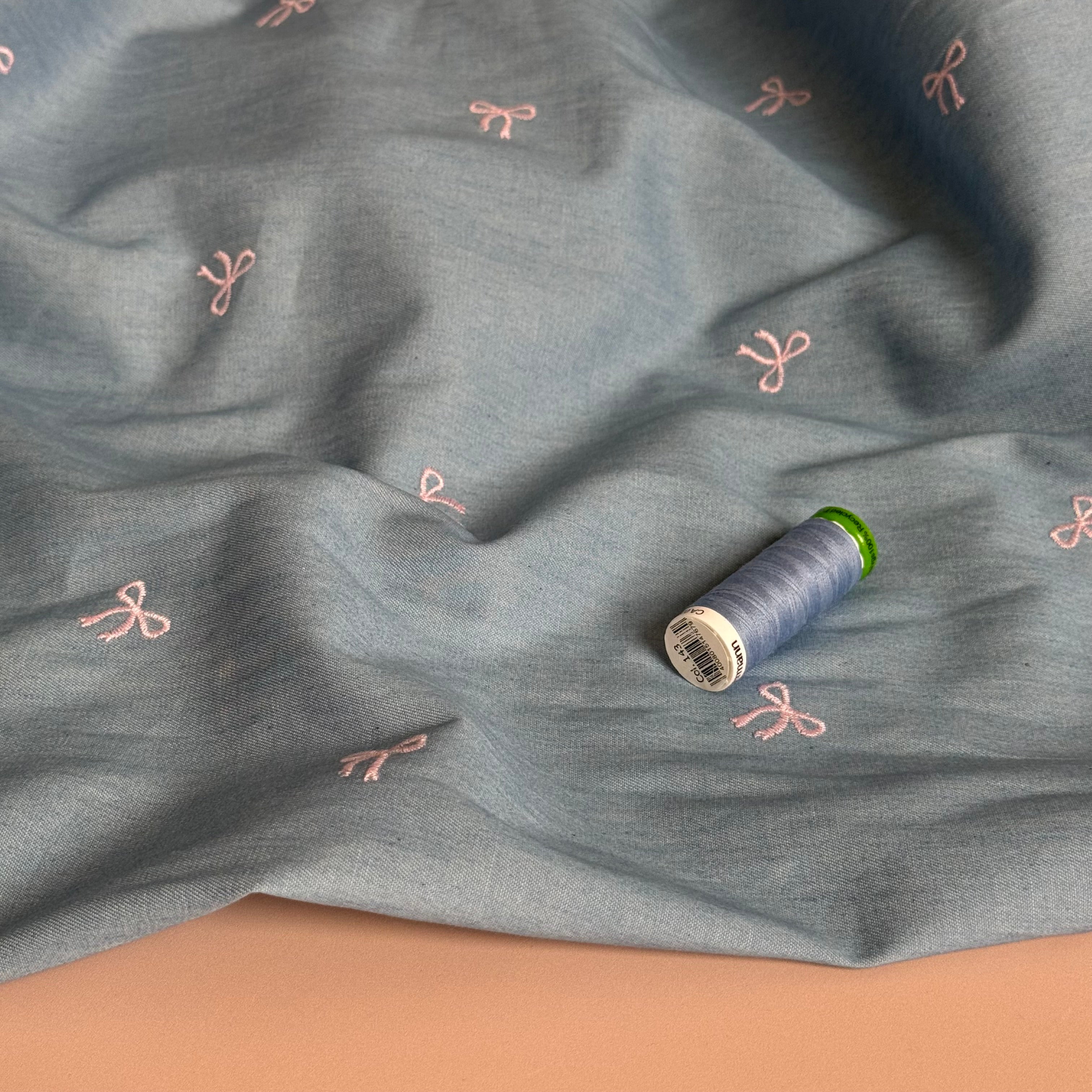 Pretty Bows Embroidered on Lightweight Denim Fabric