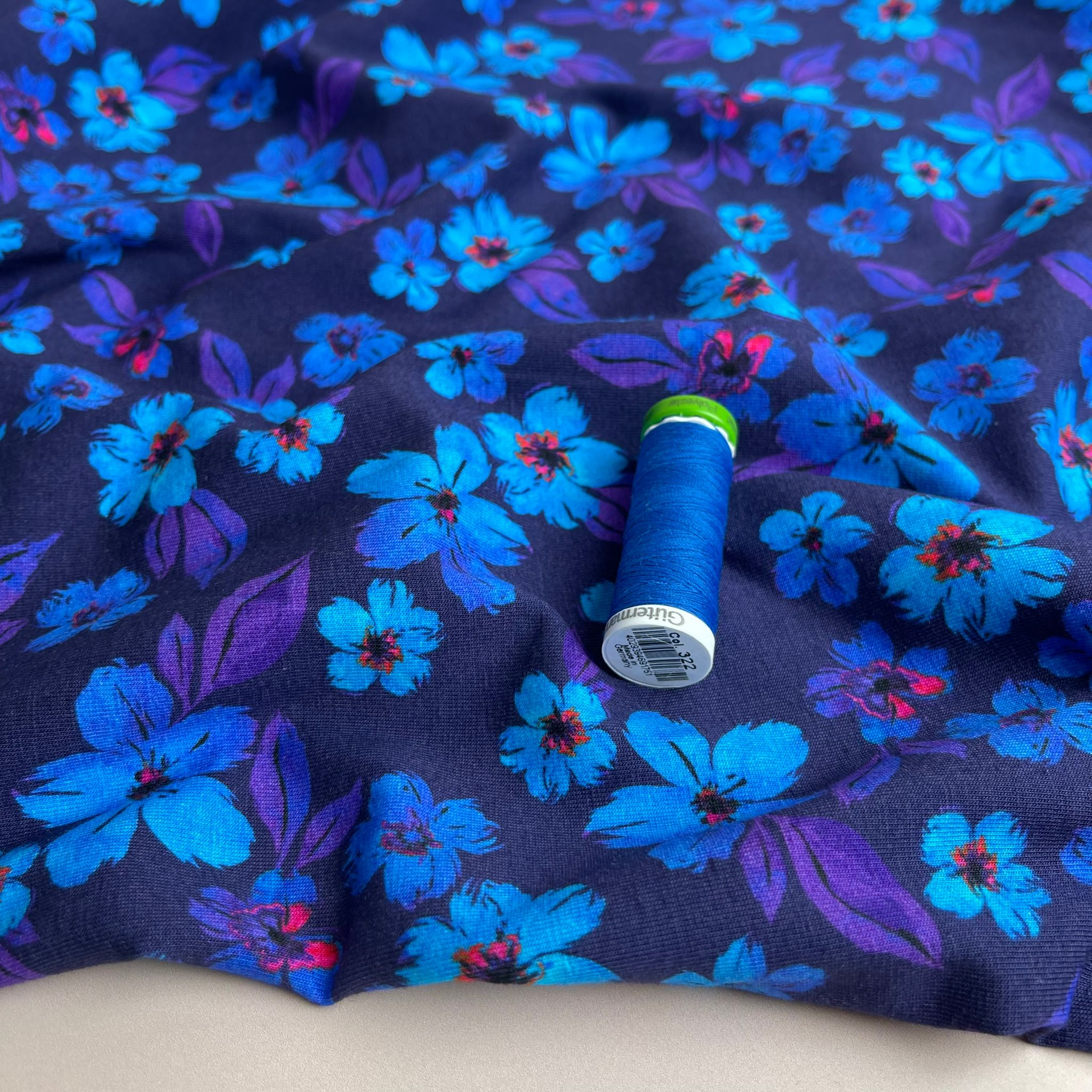 Cobalt Blooms Cotton Jersey Fabric