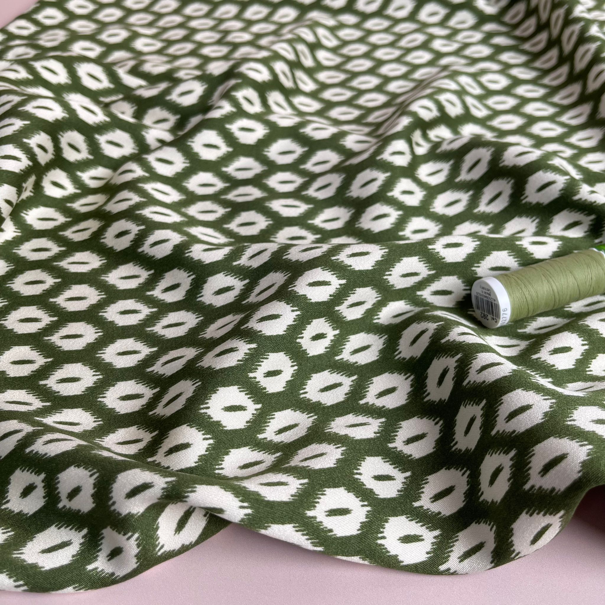 Abstract Rhombus on Olive Viscose Twill Sateen Fabric