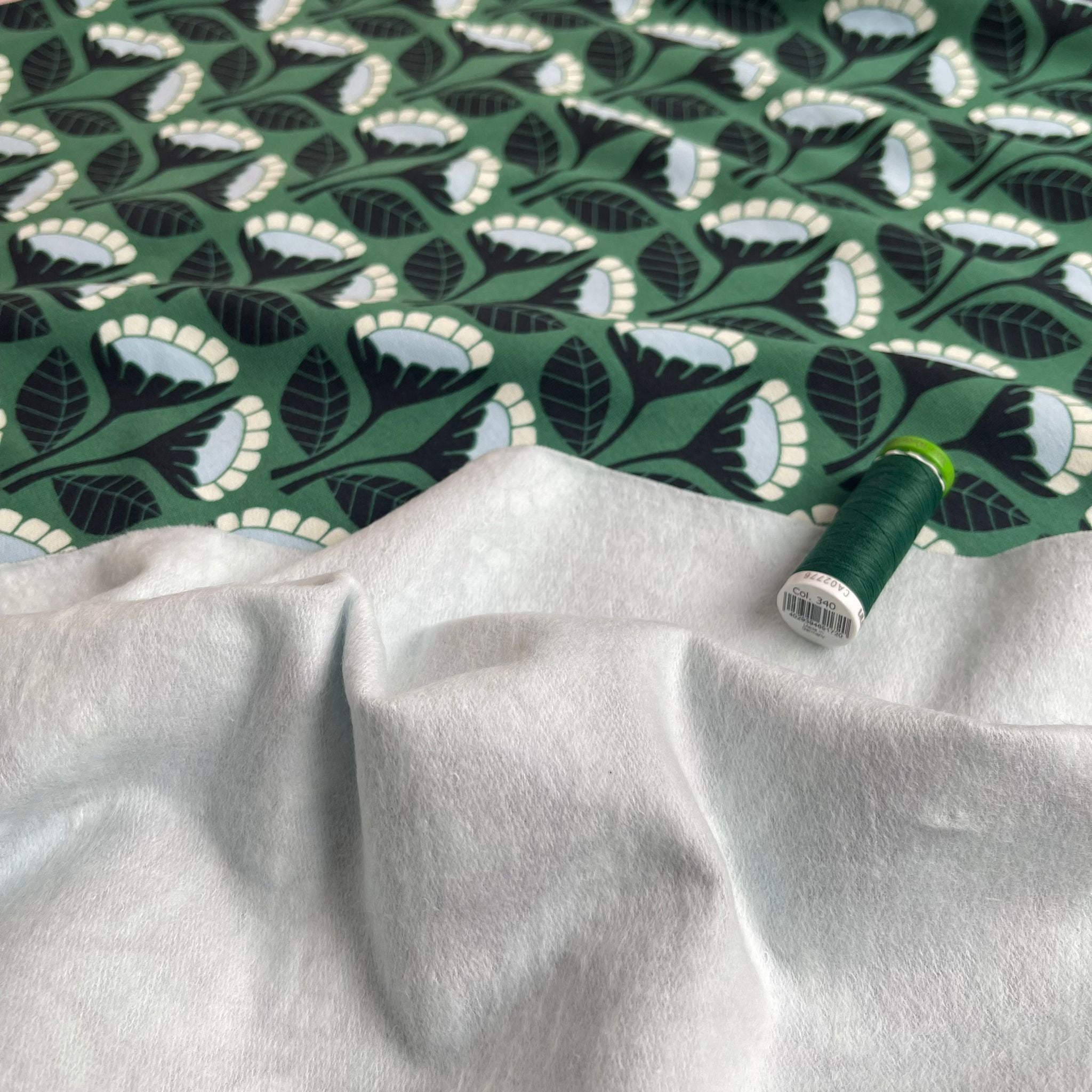 Monochrome Flowers on Emerald Green Cotton French Terry