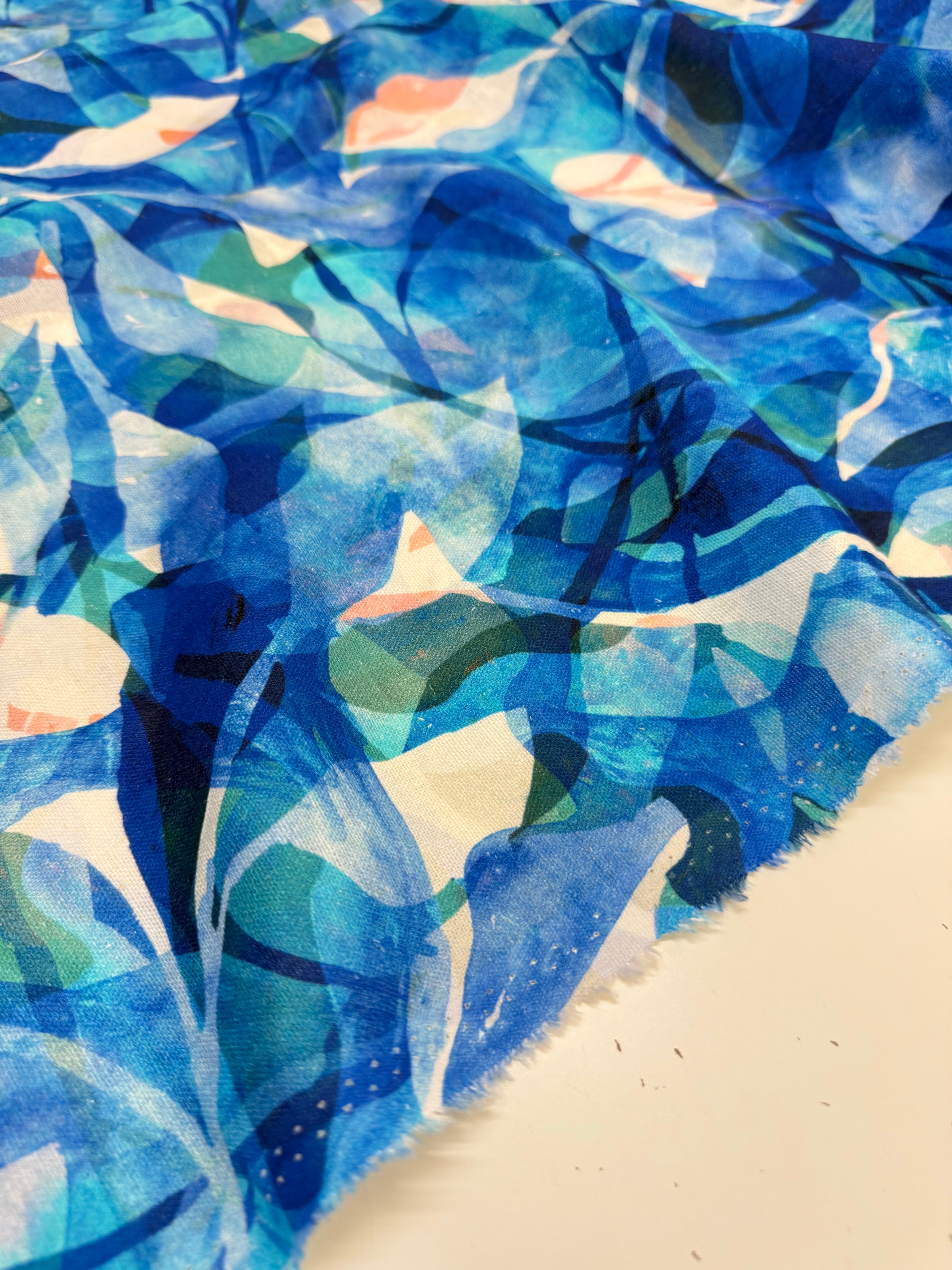 PRE-ORDER (arriving at the end of May) - Painted Foliage Ocean Linen Viscose Blend Fabric